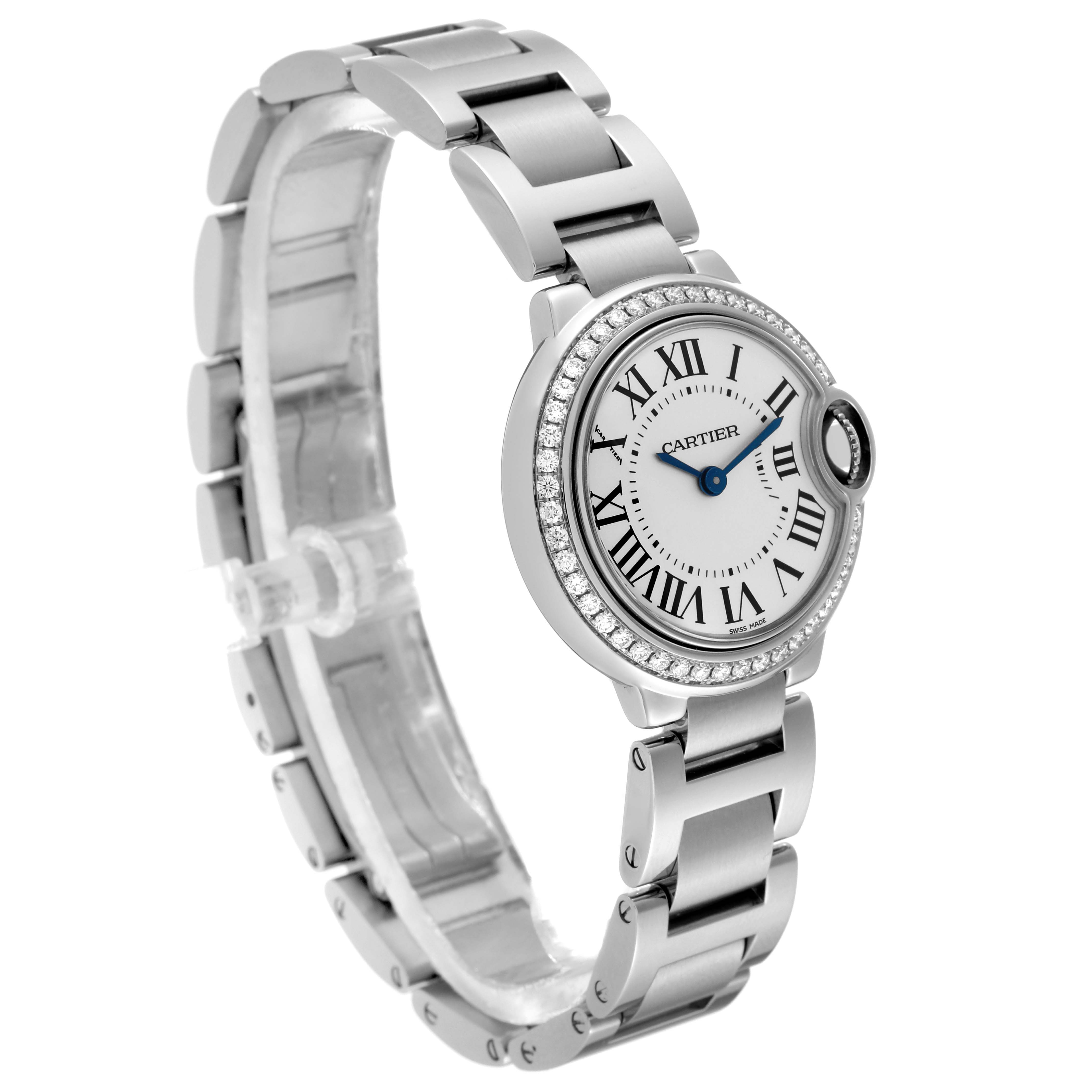 The image shows a Cartier Ballon Bleu W4BB0015 Women
s Stainless Steel Silver Dial W4BB0015 Women
s Stainless Steel Silver Dial watch at a 3/4 angle, highlighting its face, crown, bracelet, and bezel.