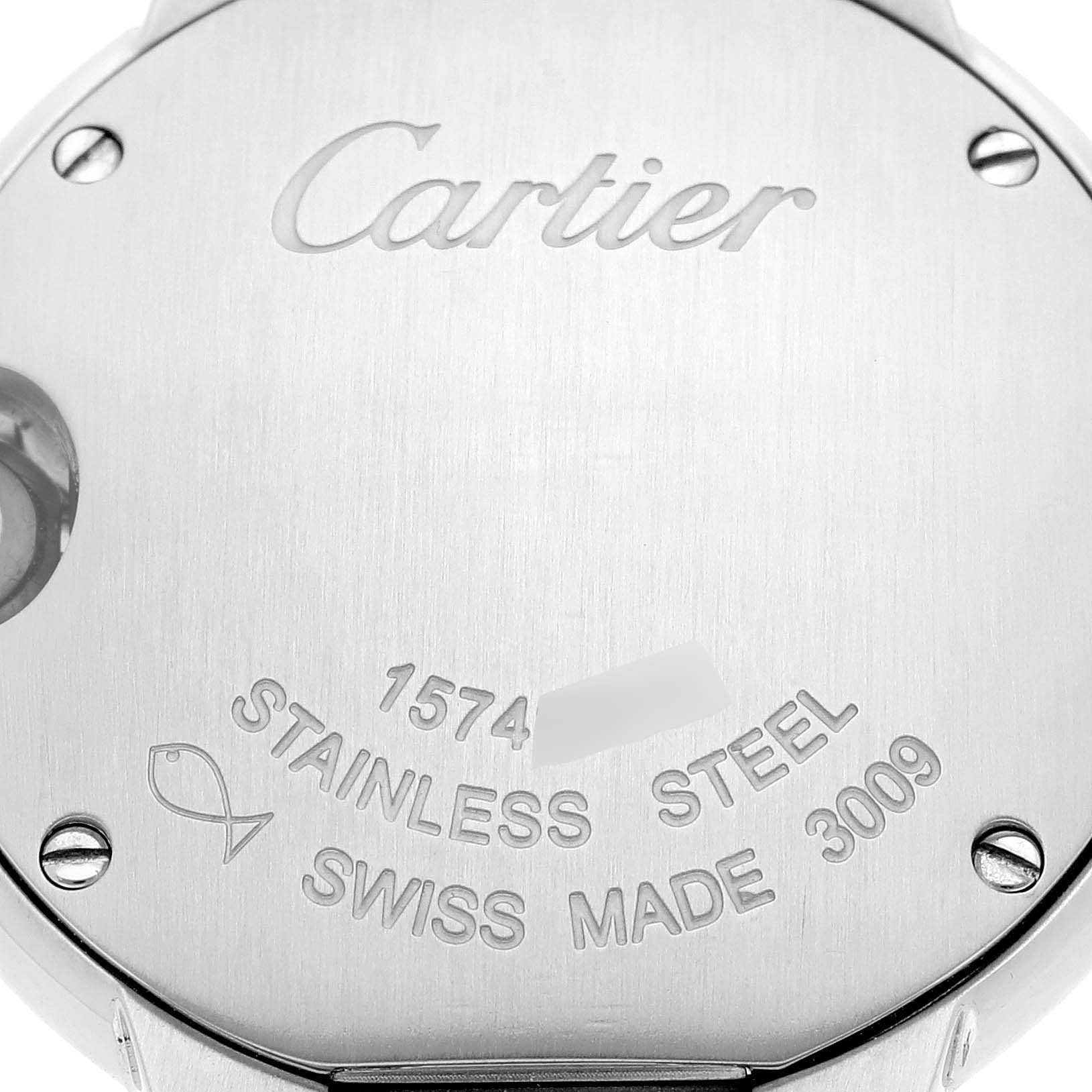 This image shows the back case of a Ballon Bleu watch by Cartier, highlighting brand inscriptions and specifications.