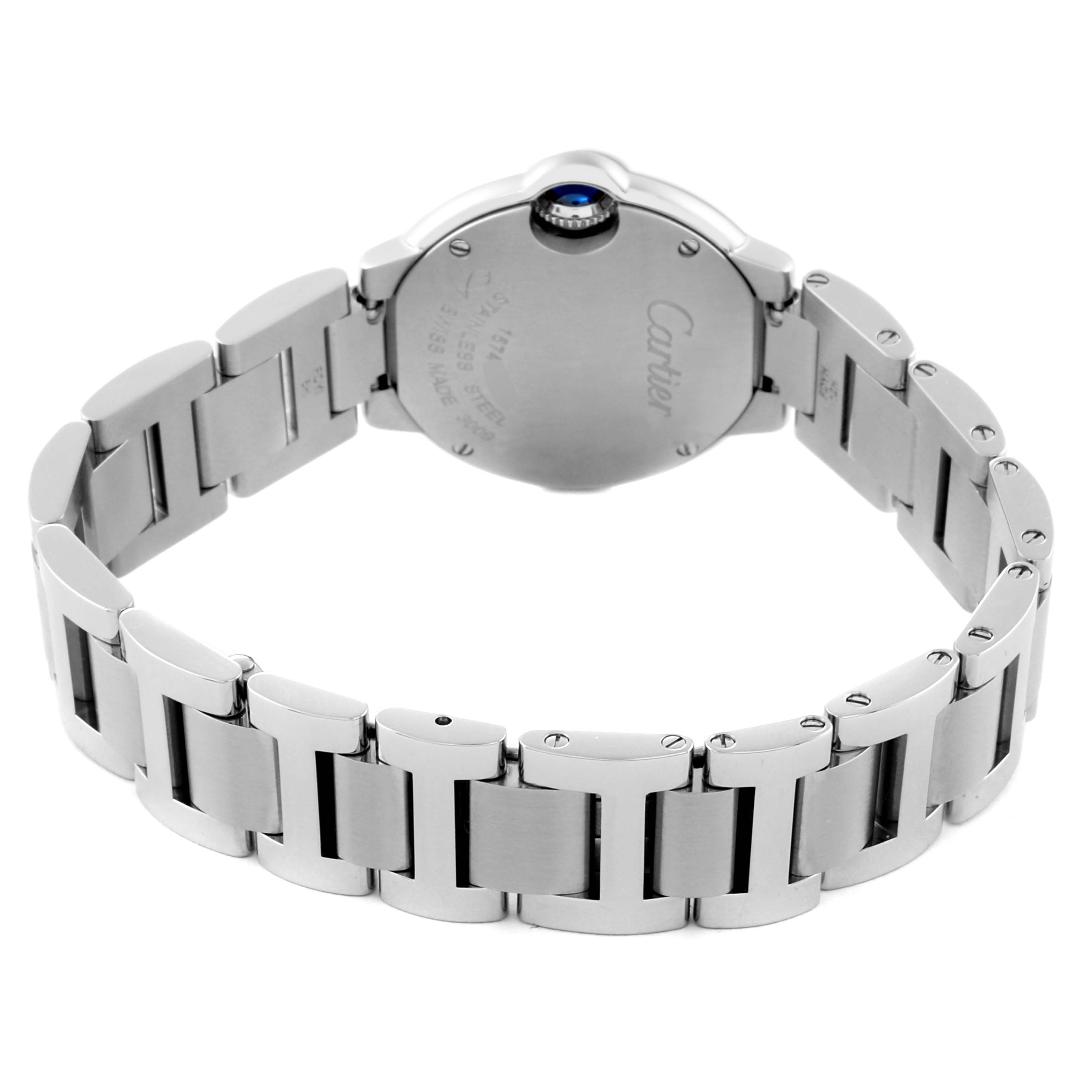 The image shows the back and bracelet of the Ballon Bleu de Cartier watch at a rear angle.