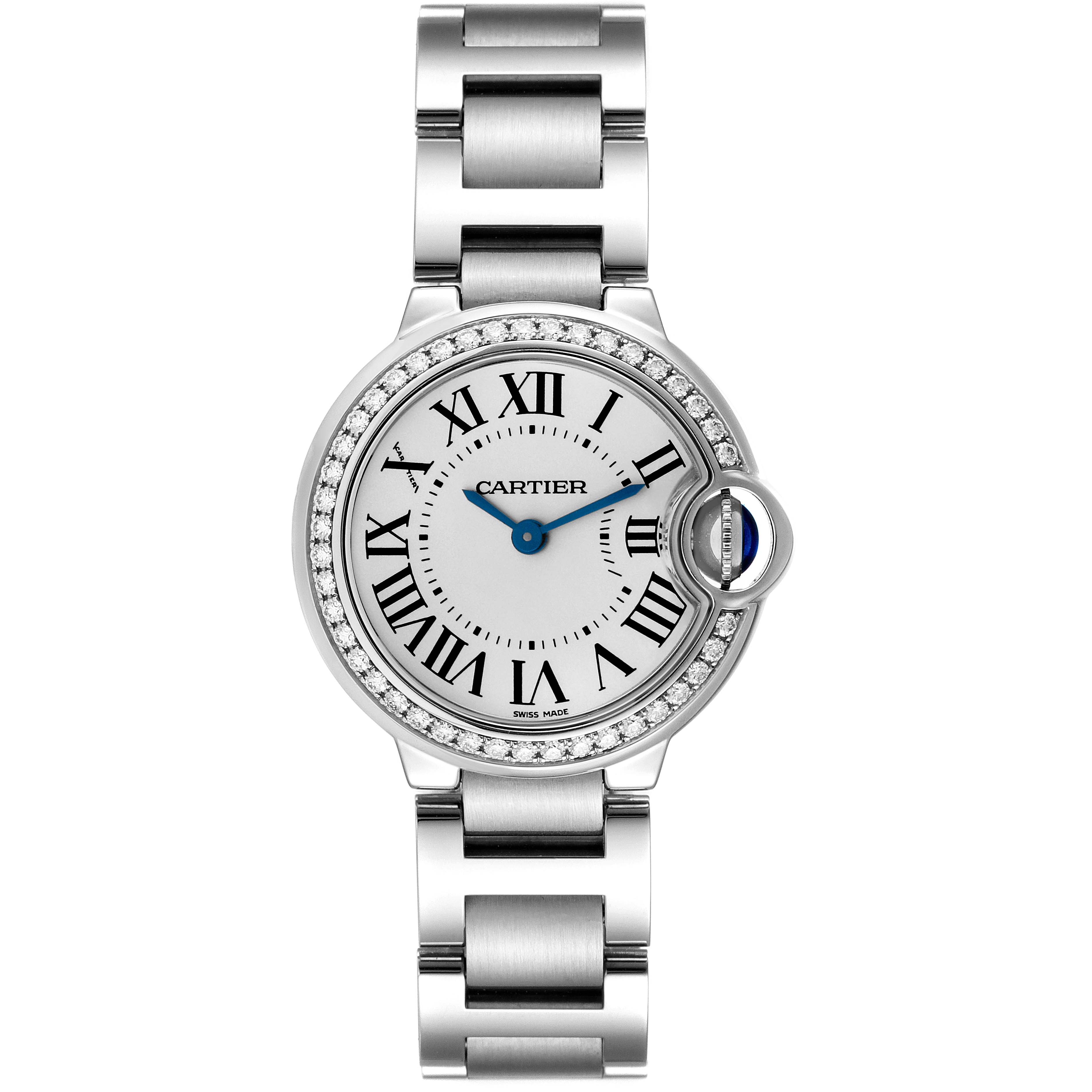 This image shows a head-on view of the Ballon Bleu watch by Cartier, highlighting its face, bezel, and part of the bracelet.