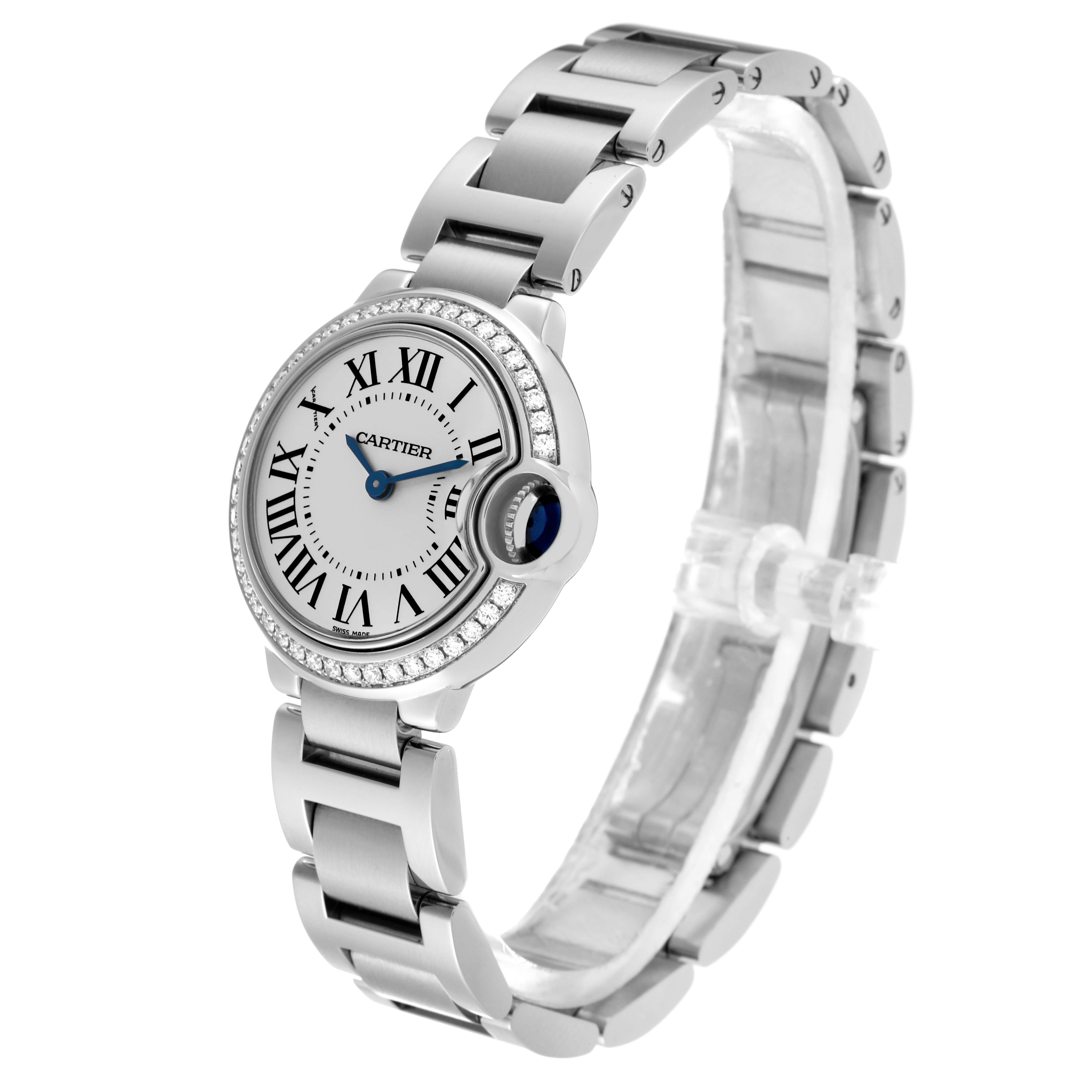 The image shows a Cartier Ballon Bleu W4BB0015 Women
s Stainless Steel Silver Dial W4BB0015 Women
s Stainless Steel Silver Dial watch at a slight side angle, highlighting its face, bracelet, and crown.