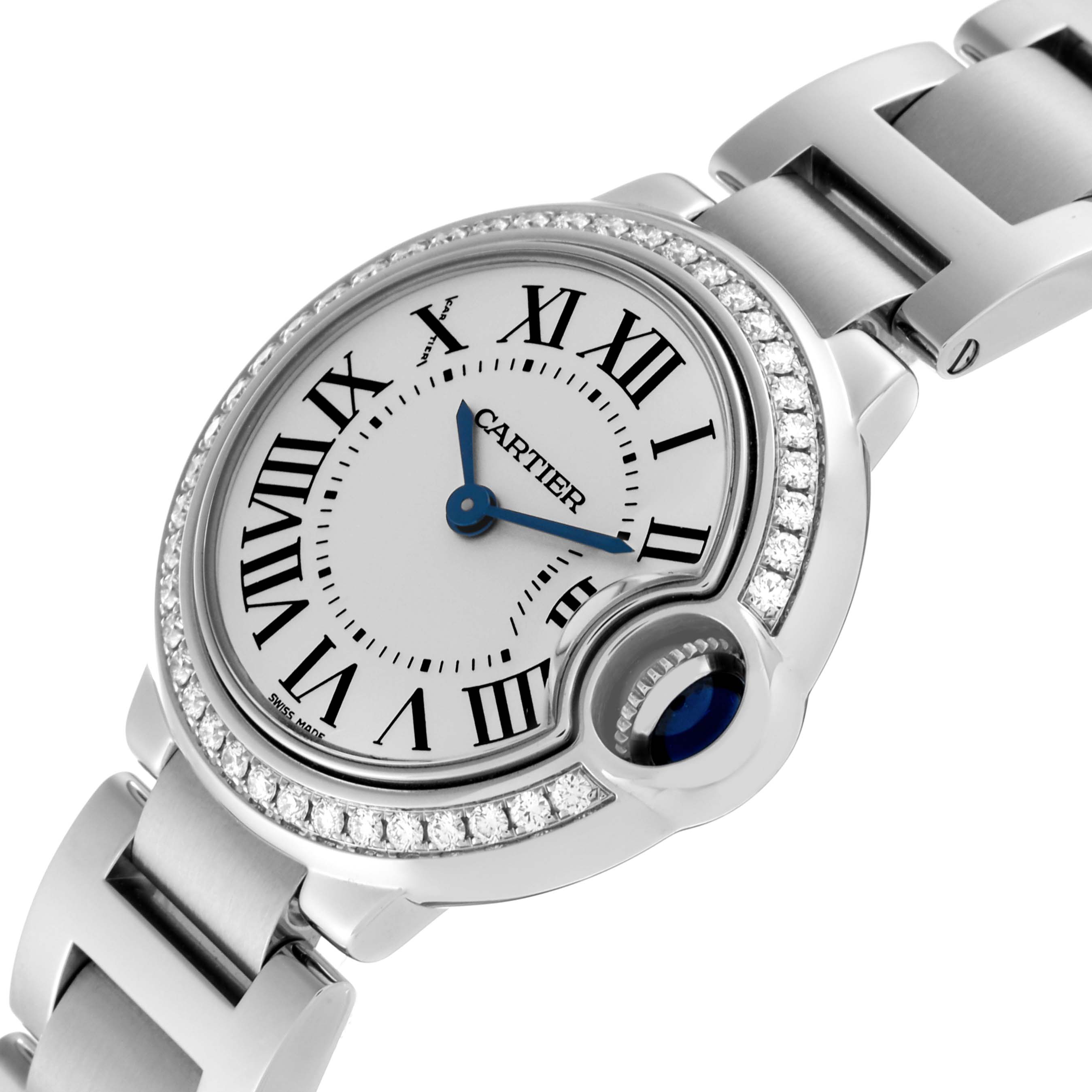 The image shows a close-up of the face and strap of a Cartier Ballon Bleu W4BB0015 Women
s Stainless Steel Silver Dial W4BB0015 Women
s Stainless Steel Silver Dial watch at an oblique angle.