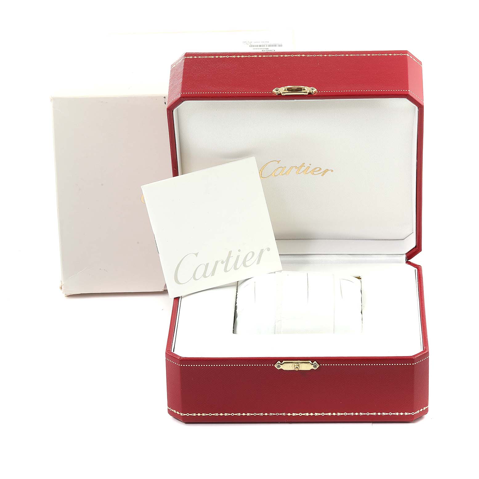 The image shows the packaging box and manual for a Cartier Ballon Bleu W69007Z3 Women
s Steel and Gold (two tone) Silver Dial W69007Z3 Women
s Steel and Gold (two tone) Silver Dial watch, with a red outer box and white interior.
