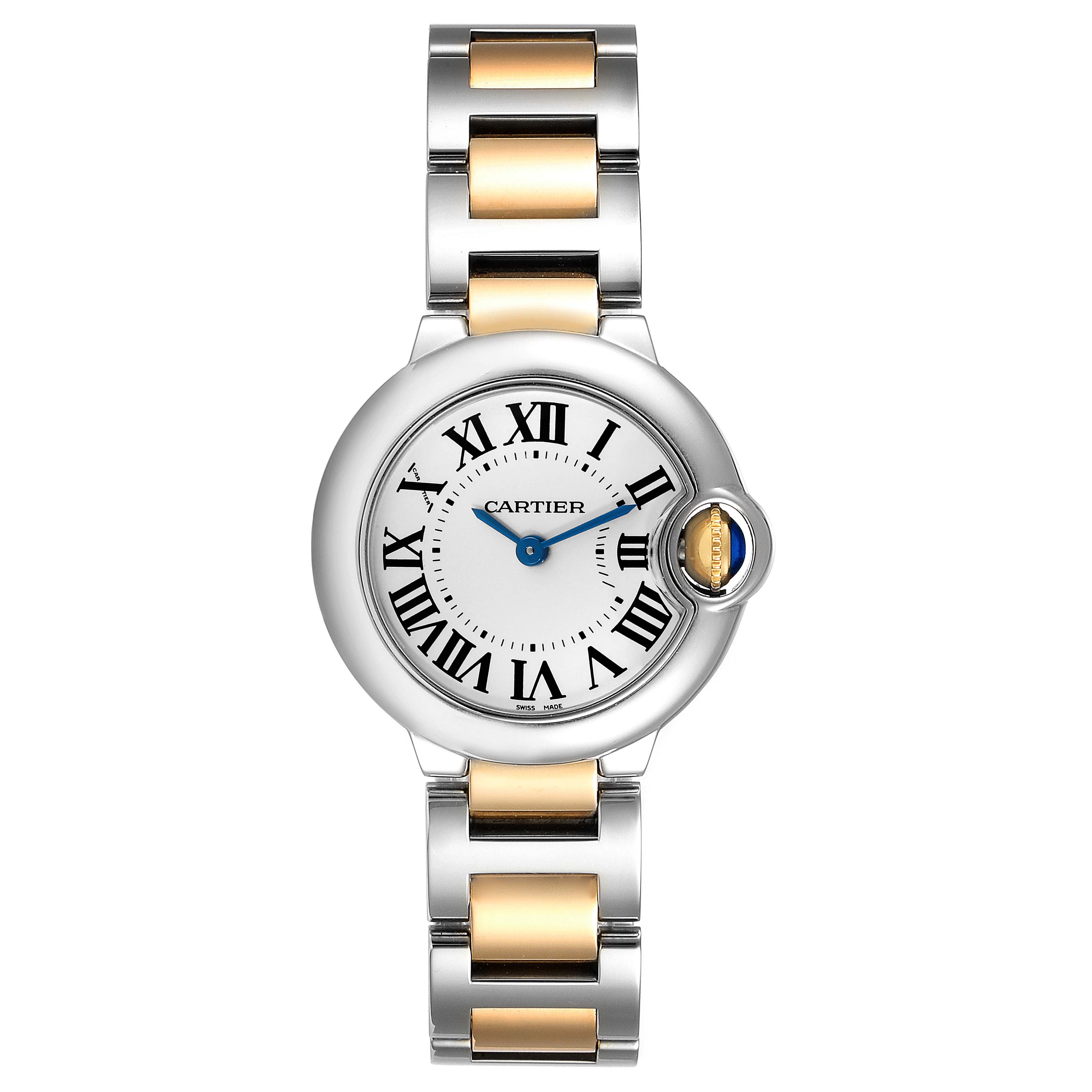 This Cartier Ballon Bleu W69007Z3 Women
s Steel and Gold (two tone) Silver Dial W69007Z3 Women
s Steel and Gold (two tone) Silver Dial watch is shown from a top view, displaying its face and the two-tone bracelet.