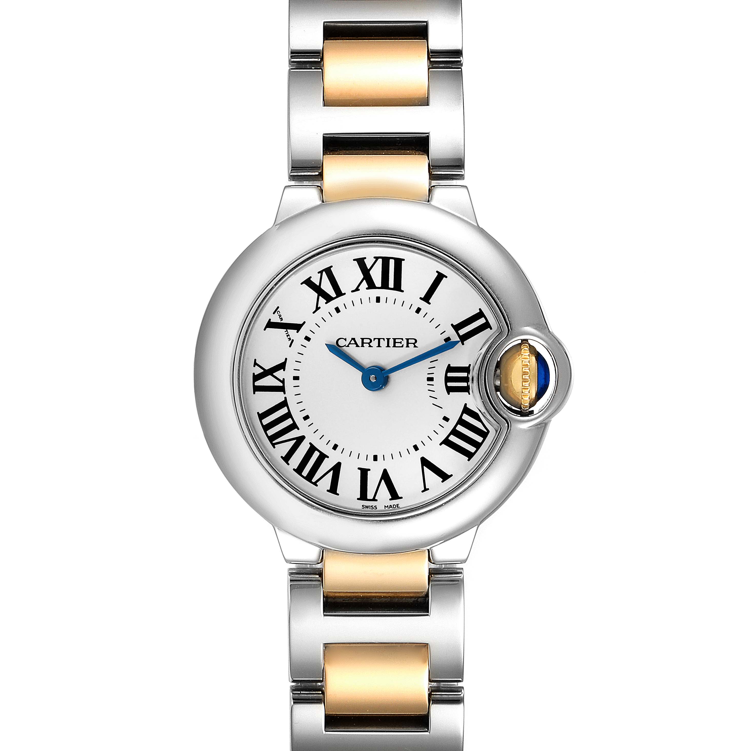 This image shows a front view of a Cartier Ballon Bleu W69007Z3 Women
s Steel and Gold (two tone) Silver Dial W69007Z3 Women
s Steel and Gold (two tone) Silver Dial watch, highlighting its dial and two-tone metal bracelet.