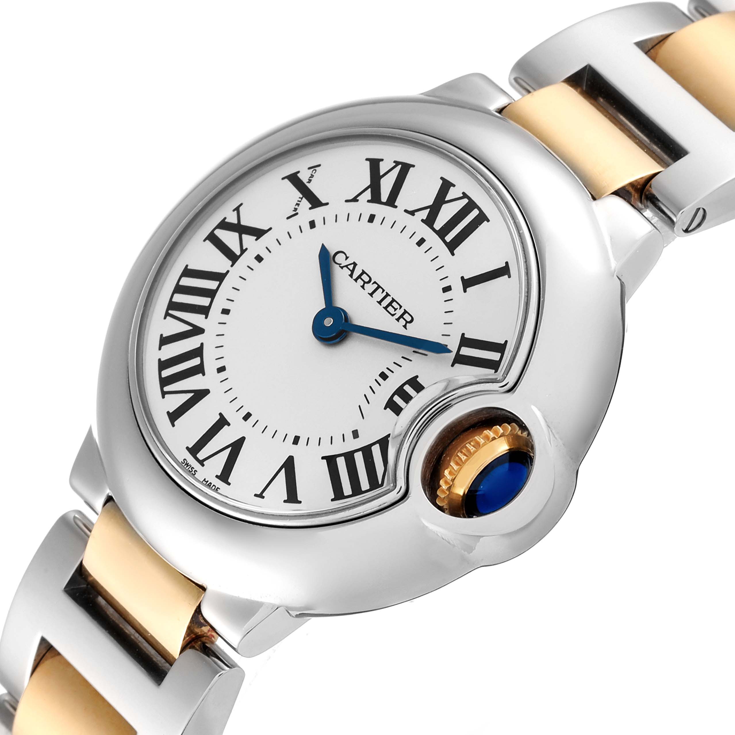 This close-up of a Cartier Ballon Bleu W69007Z3 Women
s Steel and Gold (two tone) Silver Dial W69007Z3 Women
s Steel and Gold (two tone) Silver Dial watch shows the dial, crown, and part of the bracelet from an angled view.