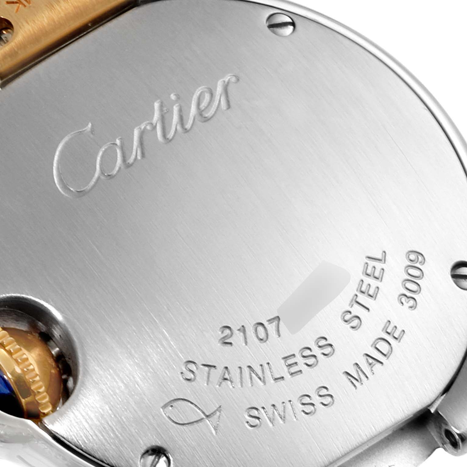 The image shows the back case of a Ballon Bleu de Cartier watch, highlighting the stainless steel material and engravings.