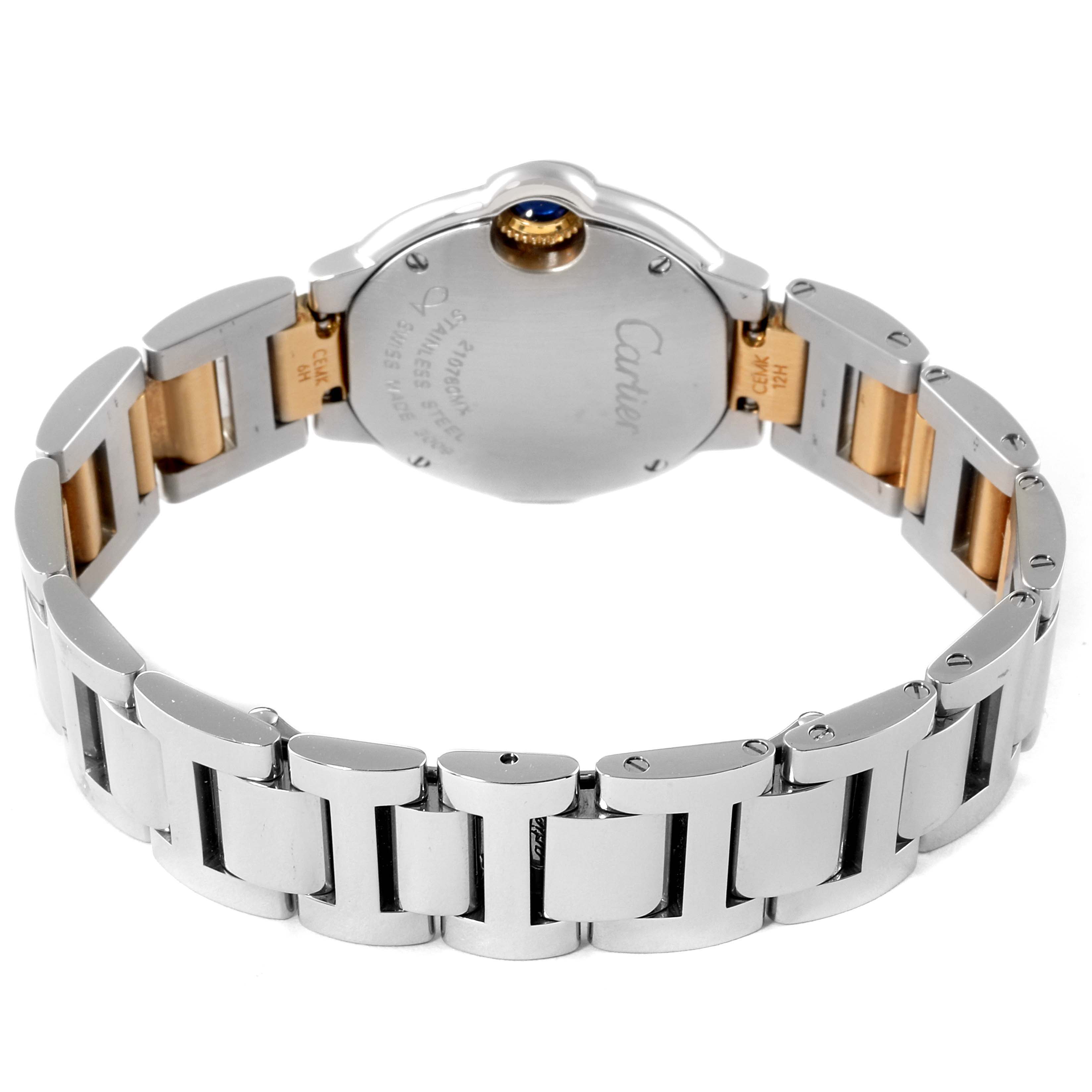 The image shows the back view of a Cartier Ballon Bleu W69007Z3 Women
s Steel and Gold (two tone) Silver Dial W69007Z3 Women
s Steel and Gold (two tone) Silver Dial watch, highlighting its stainless steel and gold bracelet and caseback.