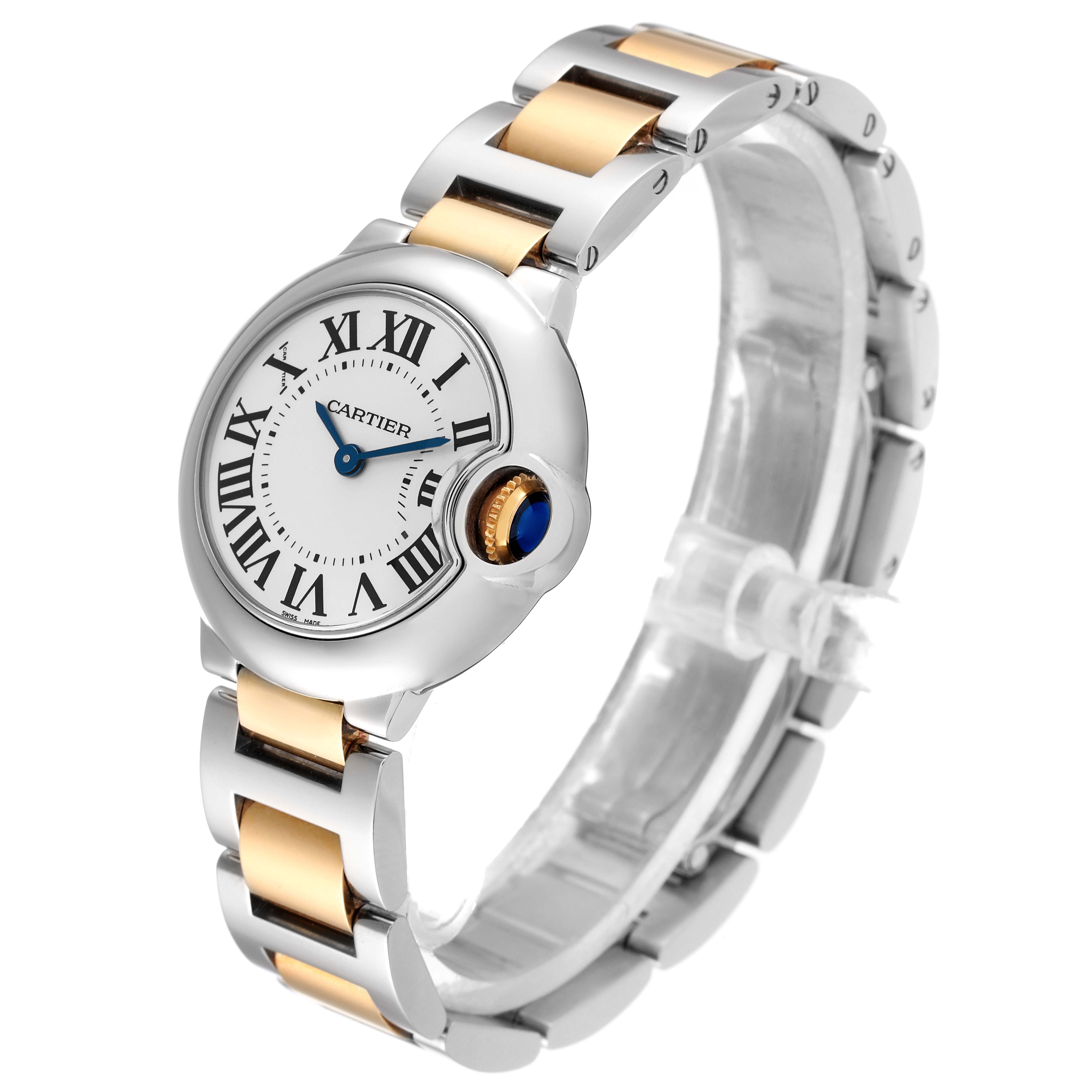 The image shows a Cartier Ballon Bleu W69007Z3 Women
s Steel and Gold (two tone) Silver Dial W69007Z3 Women
s Steel and Gold (two tone) Silver Dial watch at a three-quarter angle, highlighting its face, crown, and two-tone bracelet.