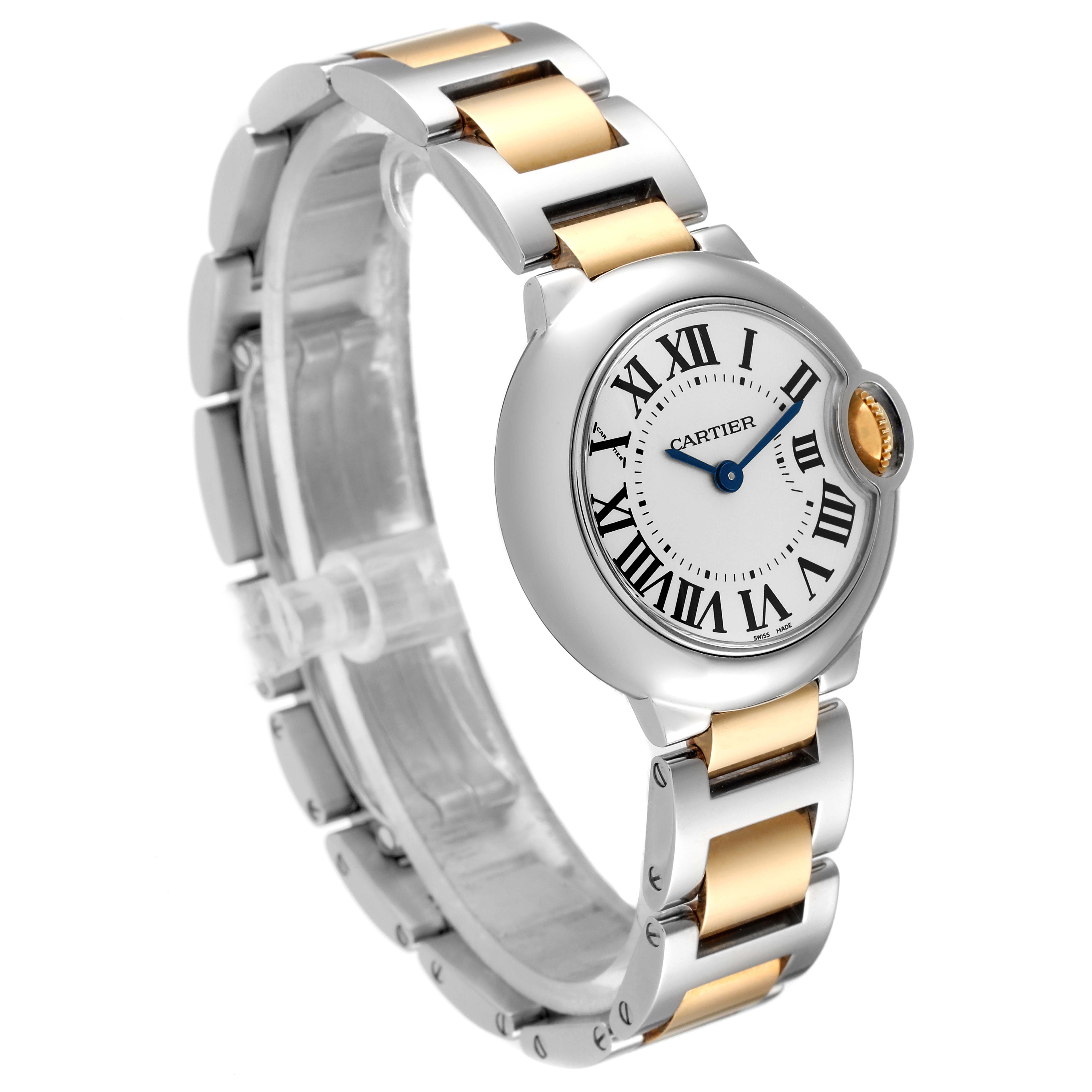 The image shows an angled view of the Cartier Ballon Bleu W69007Z3 Women
s Steel and Gold (two tone) Silver Dial W69007Z3 Women
s Steel and Gold (two tone) Silver Dial watch, highlighting its face, Roman numeral dial, and two-tone metal bracelet.