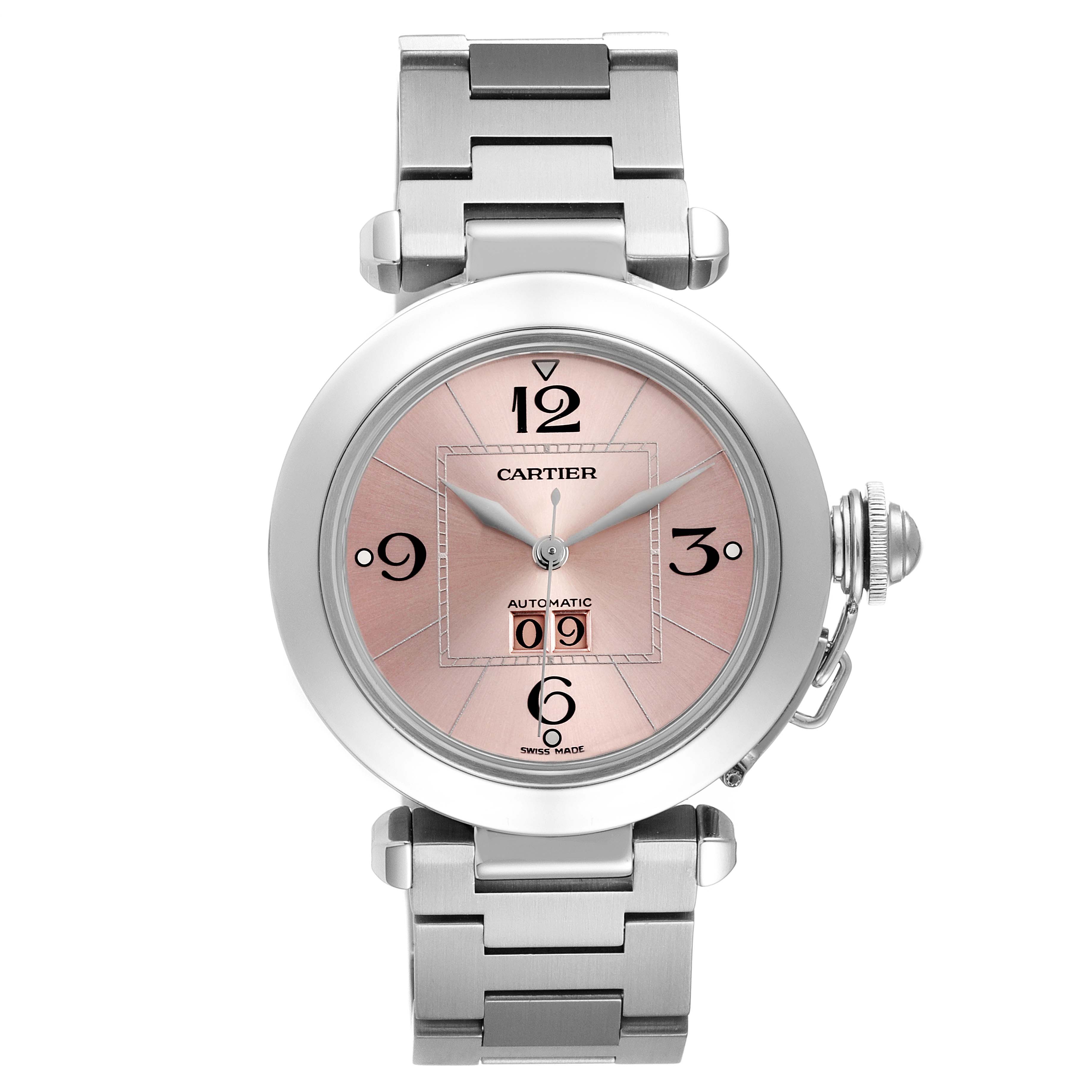 The image shows a front view of a Cartier Pasha W31058M7 Women's Stainless Steel Pink Dial W31058M7 Women's Stainless Steel Pink Dial watch, featuring its dial, case, and metal bracelet.