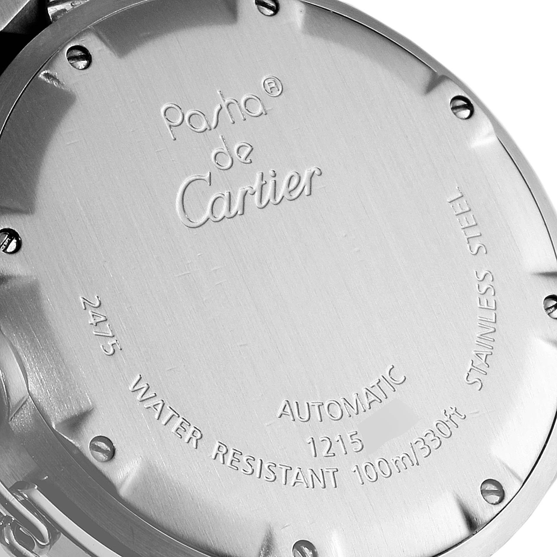 This image shows the back casing of a Cartier Pasha W31058M7 Women's Stainless Steel Pink Dial W31058M7 Women's Stainless Steel Pink Dial model watch, highlighting its engravings and specifications.