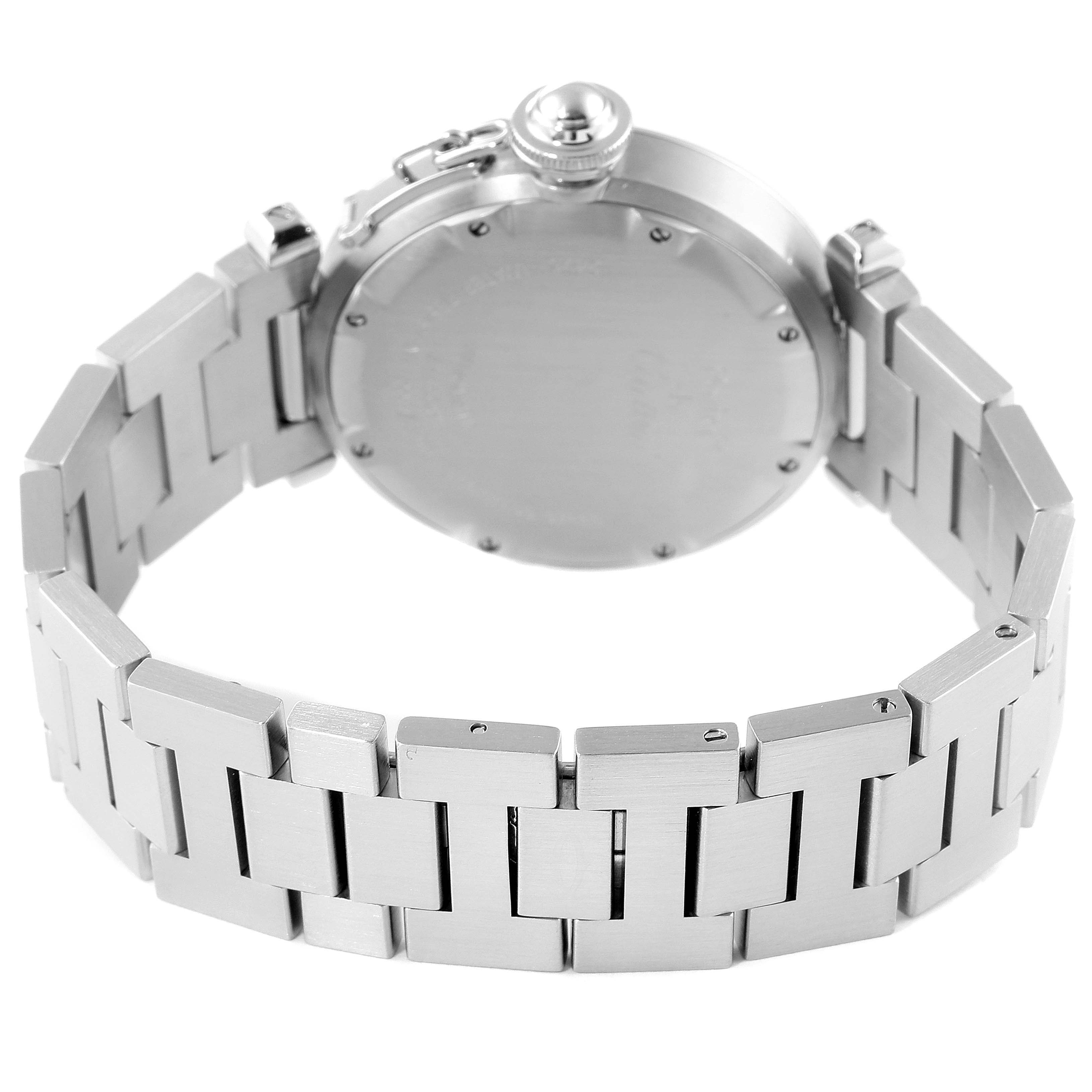 This image shows the back case and metal bracelet of a Cartier Pasha W31058M7 Women's Stainless Steel Pink Dial W31058M7 Women's Stainless Steel Pink Dial watch at an angled view.