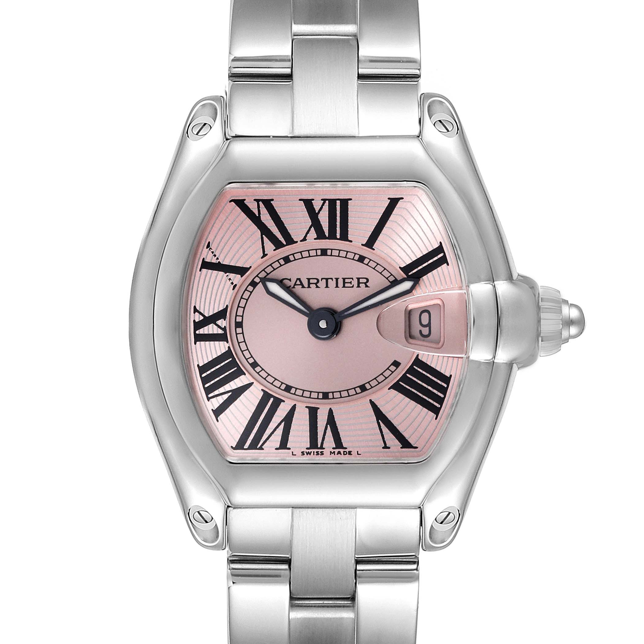 The Cartier Roadster W62017V3 Women's Stainless Steel Pink Dial W62017V3 Women's Stainless Steel Pink Dial watch is shown from the front, highlighting the dial, hands, case, crown, and part of the bracelet.