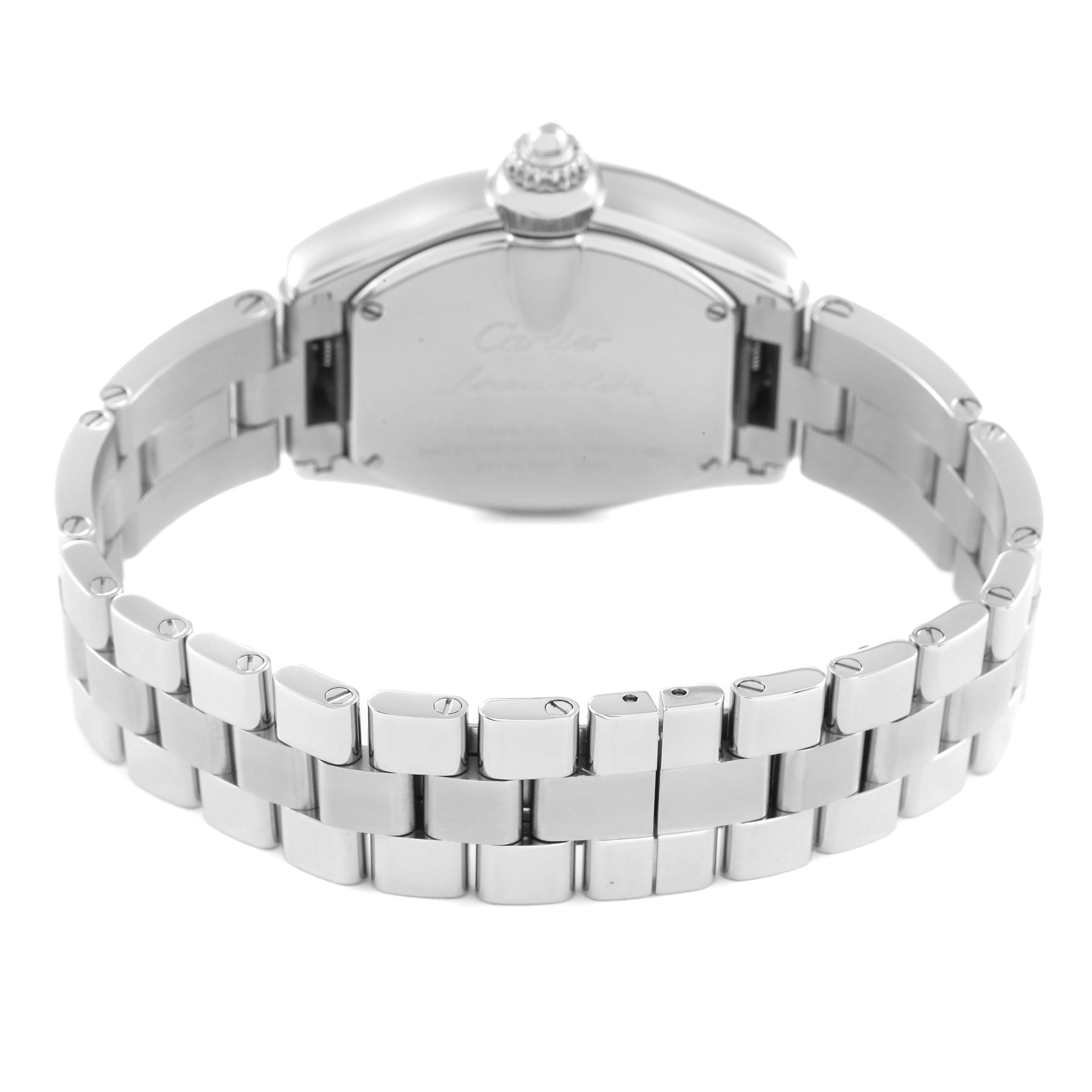 The image shows the back view of the Cartier Roadster W62017V3 Women's Stainless Steel Pink Dial W62017V3 Women's Stainless Steel Pink Dial watch, focusing on the bracelet and case back.