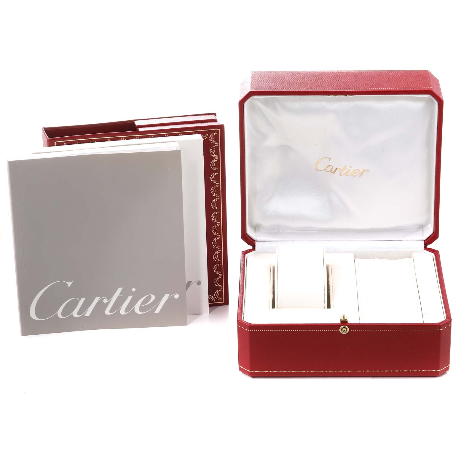 This image shows the packaging and manual for a Cartier Roadster W62017V3 Women's Stainless Steel Pink Dial W62017V3 Women's Stainless Steel Pink Dial watch.