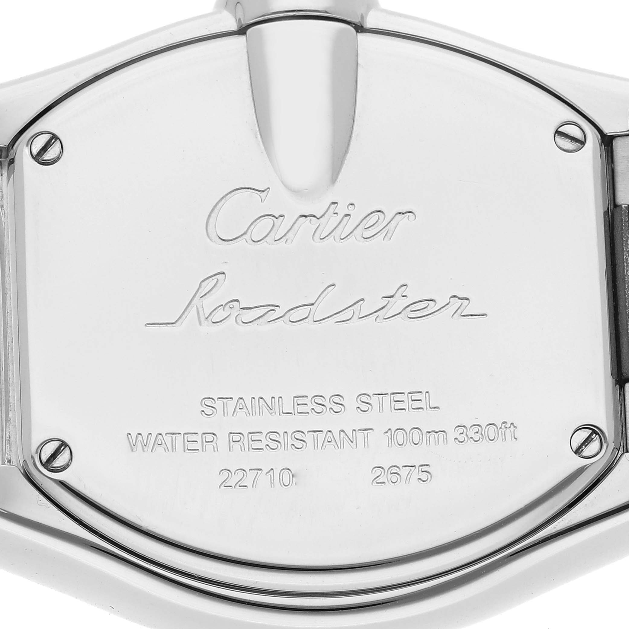The image shows the back case of a stainless steel Cartier Roadster W62017V3 Women's Stainless Steel Pink Dial W62017V3 Women's Stainless Steel Pink Dial watch, highlighting its water resistance and model numbers.
