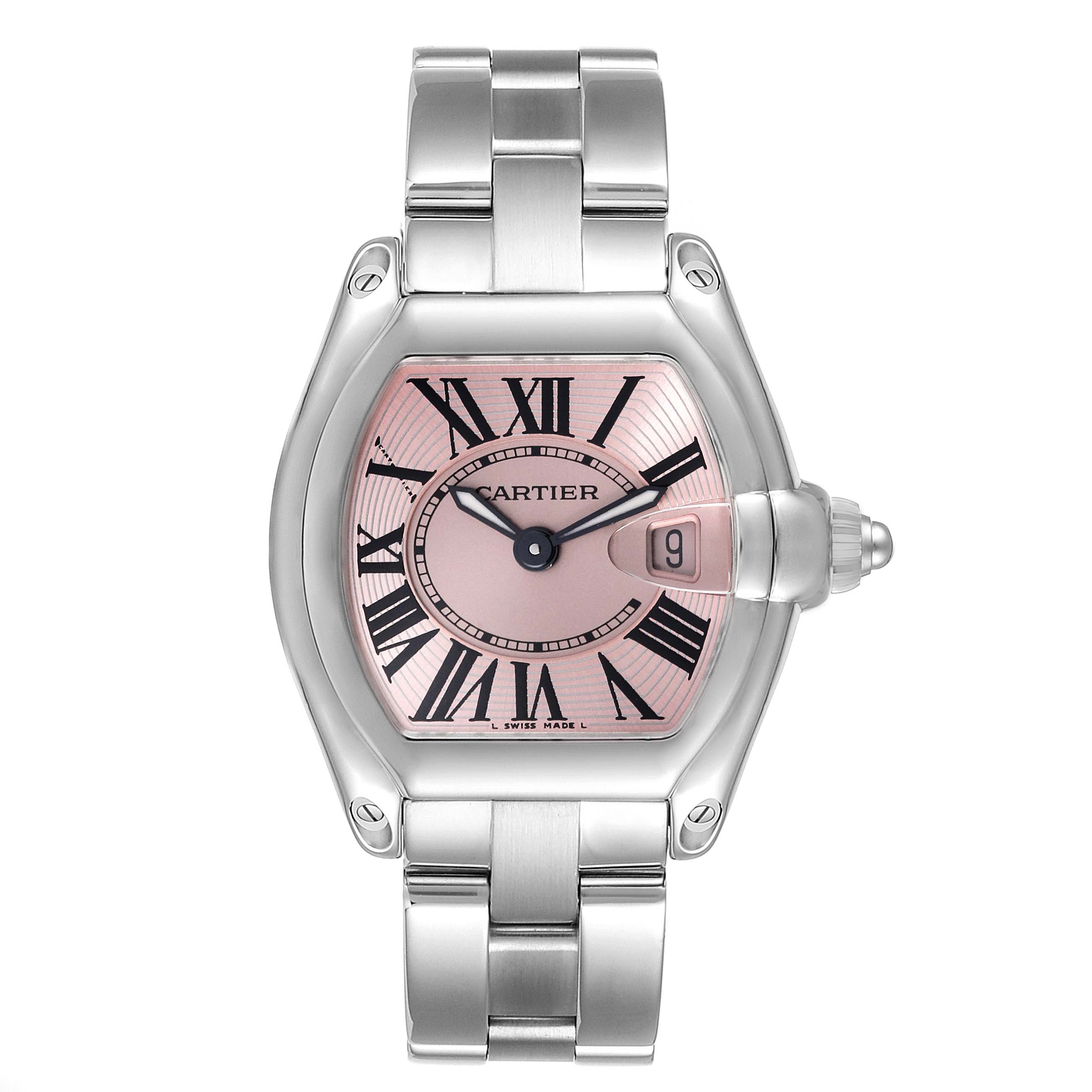 This image shows a Cartier Roadster W62017V3 Women's Stainless Steel Pink Dial W62017V3 Women's Stainless Steel Pink Dial watch from a top view, highlighting its dial, case, and bracelet.