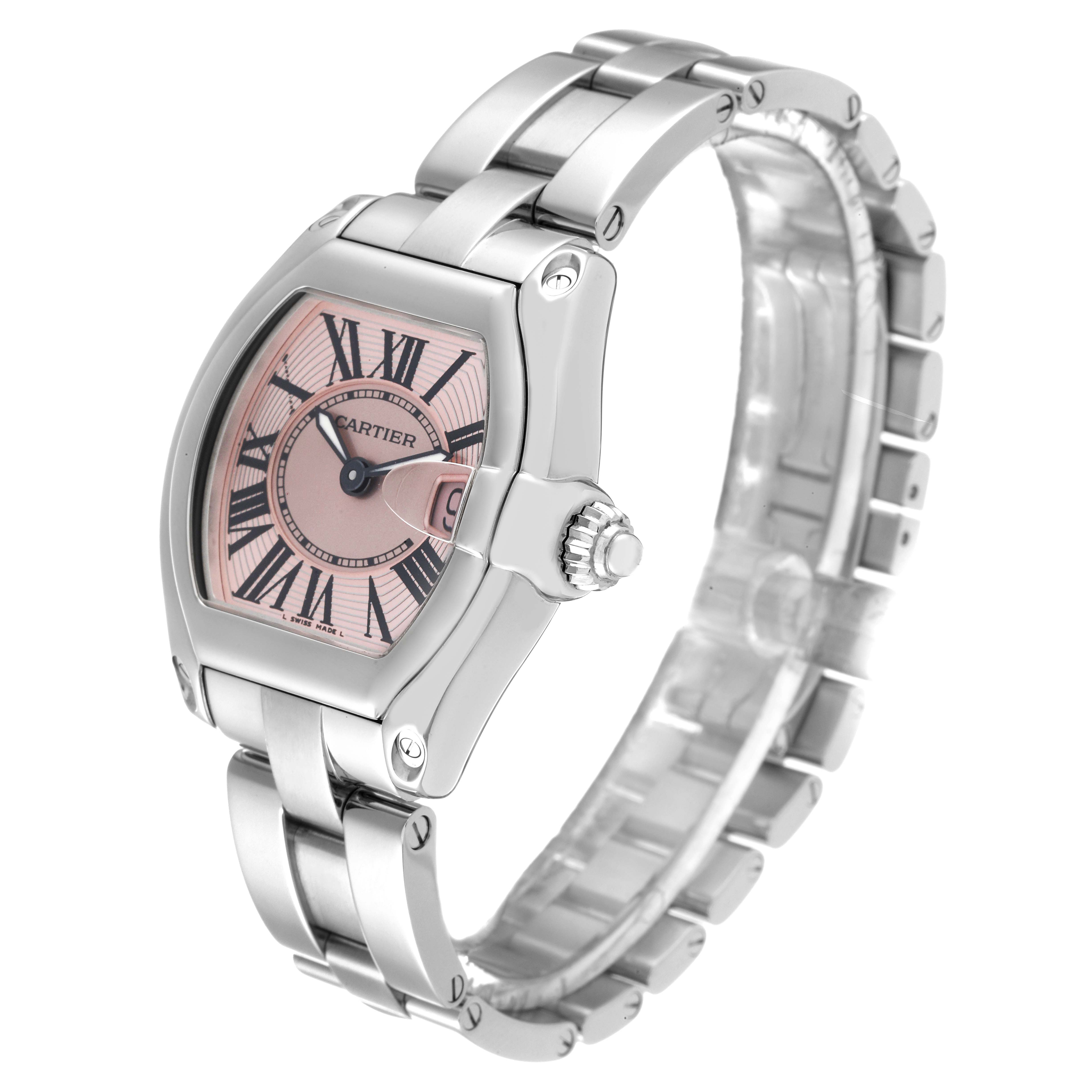 This image shows a pink-faced Cartier Roadster W62017V3 Women's Stainless Steel Pink Dial W62017V3 Women's Stainless Steel Pink Dial watch at a three-quarter view, highlighting the case, bracelet, and crown.