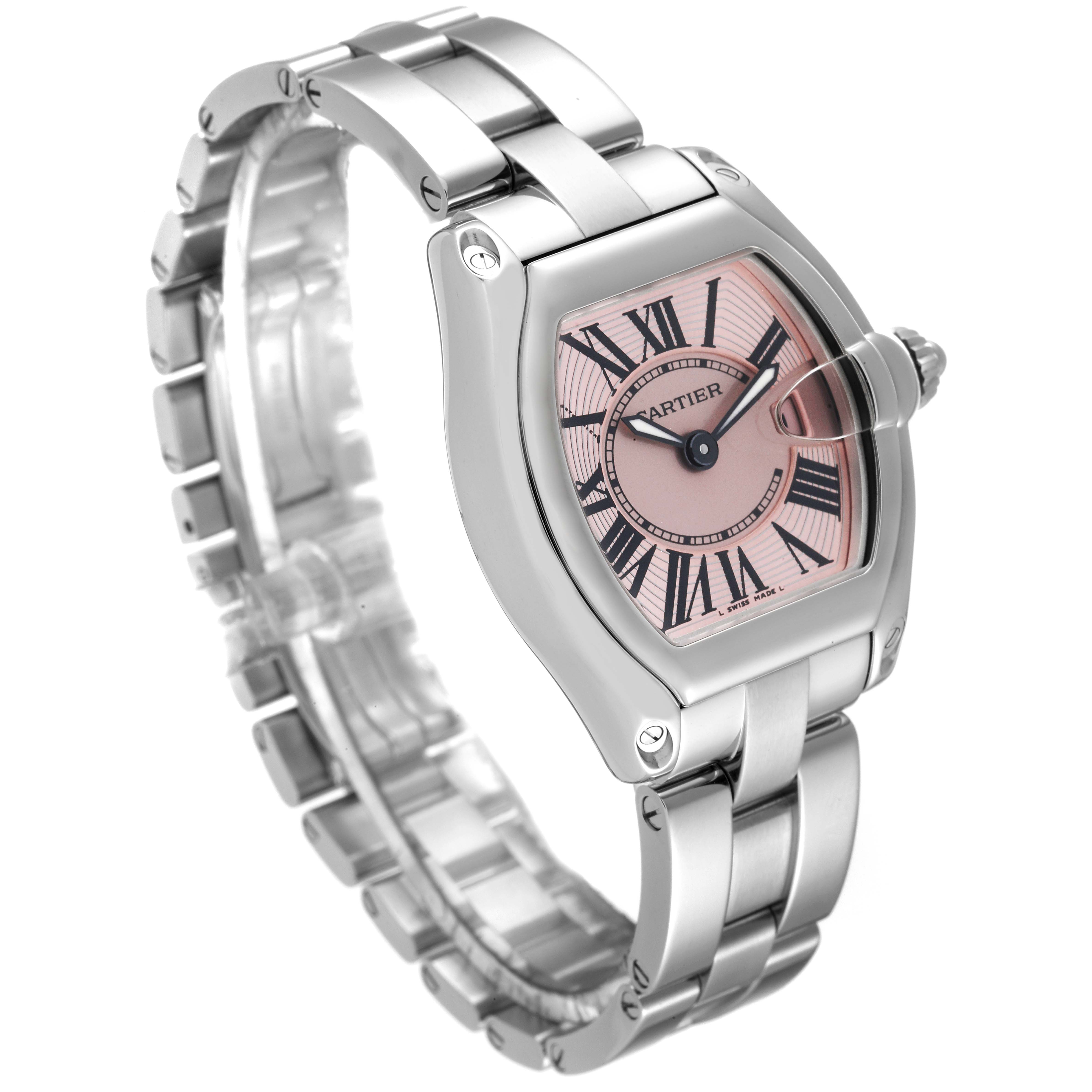 The image shows a Cartier Roadster W62017V3 Women's Stainless Steel Pink Dial W62017V3 Women's Stainless Steel Pink Dial watch with a silver metal band and a pink dial, viewed from an angled side perspective.