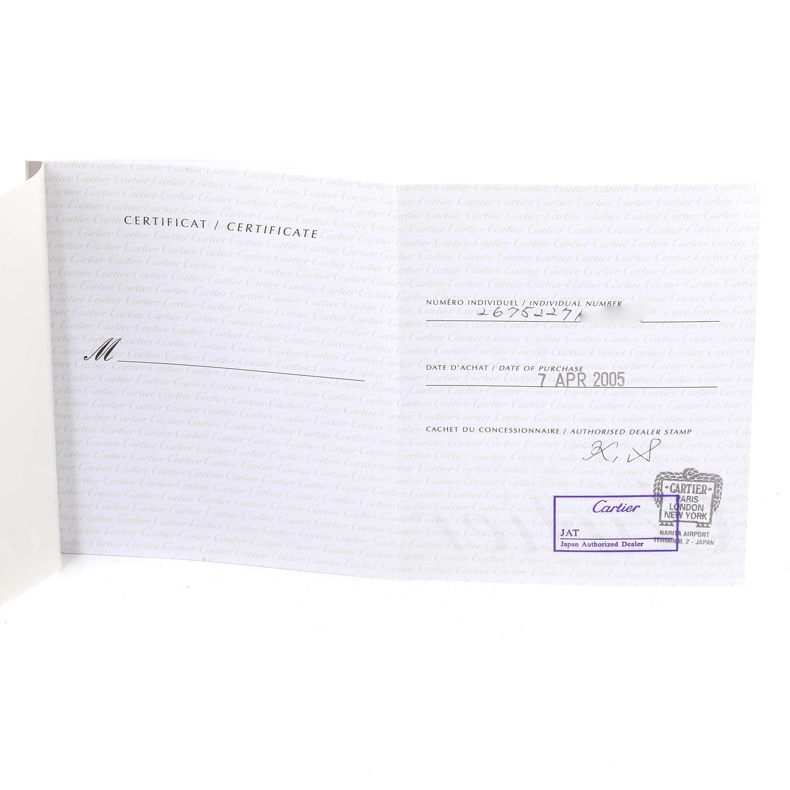 The image shows an open warranty certificate for a Cartier Roadster W62017V3 Women's Stainless Steel Pink Dial W62017V3 Women's Stainless Steel Pink Dial watch, displaying individual number, purchase date, and dealer stamp.