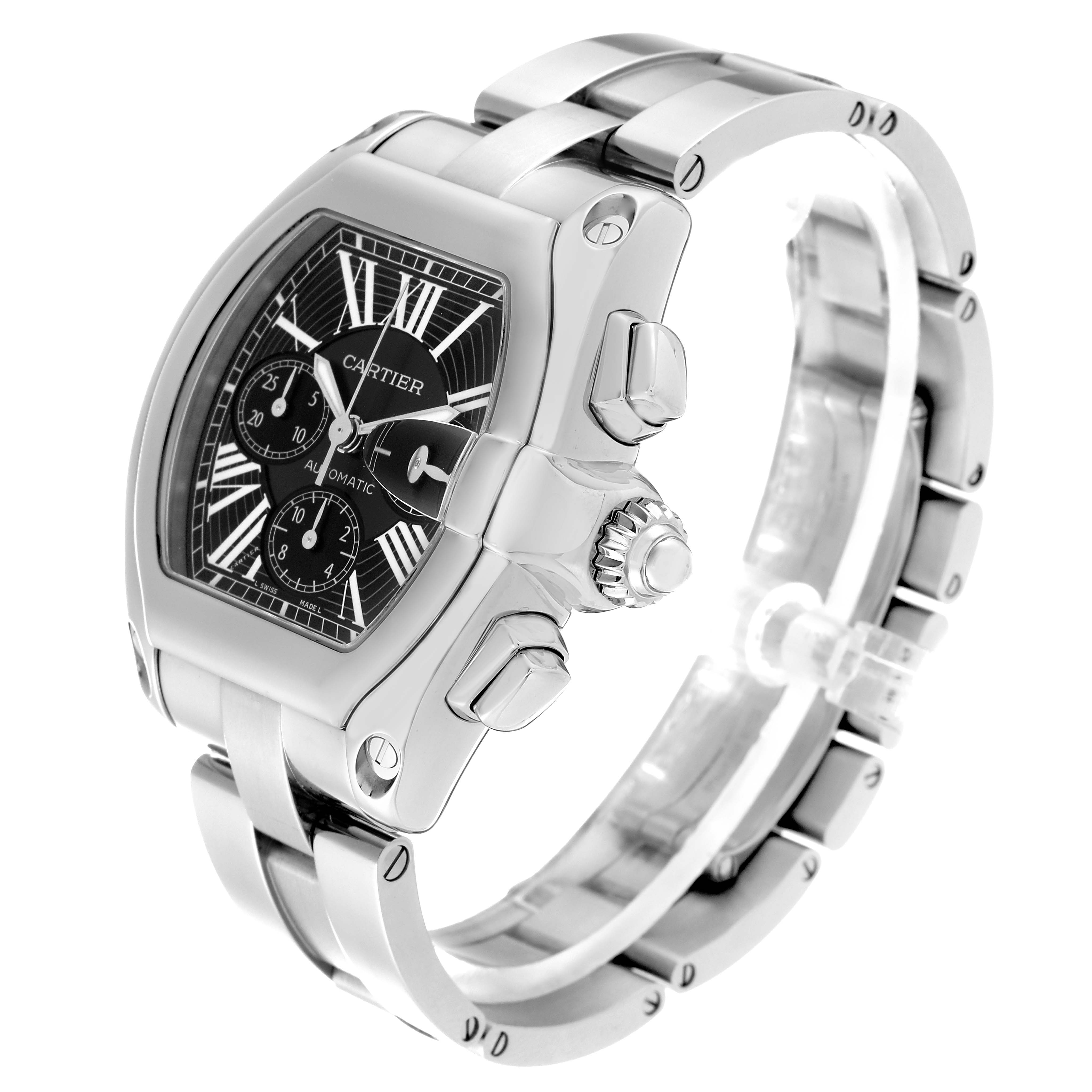 The Cartier Roadster W62020X6 Men's Stainless Steel Black Dial W62020X6 Men's Stainless Steel Black Dial watch is shown at an angled view, highlighting the face, bezel, crown, and part of the metal bracelet.