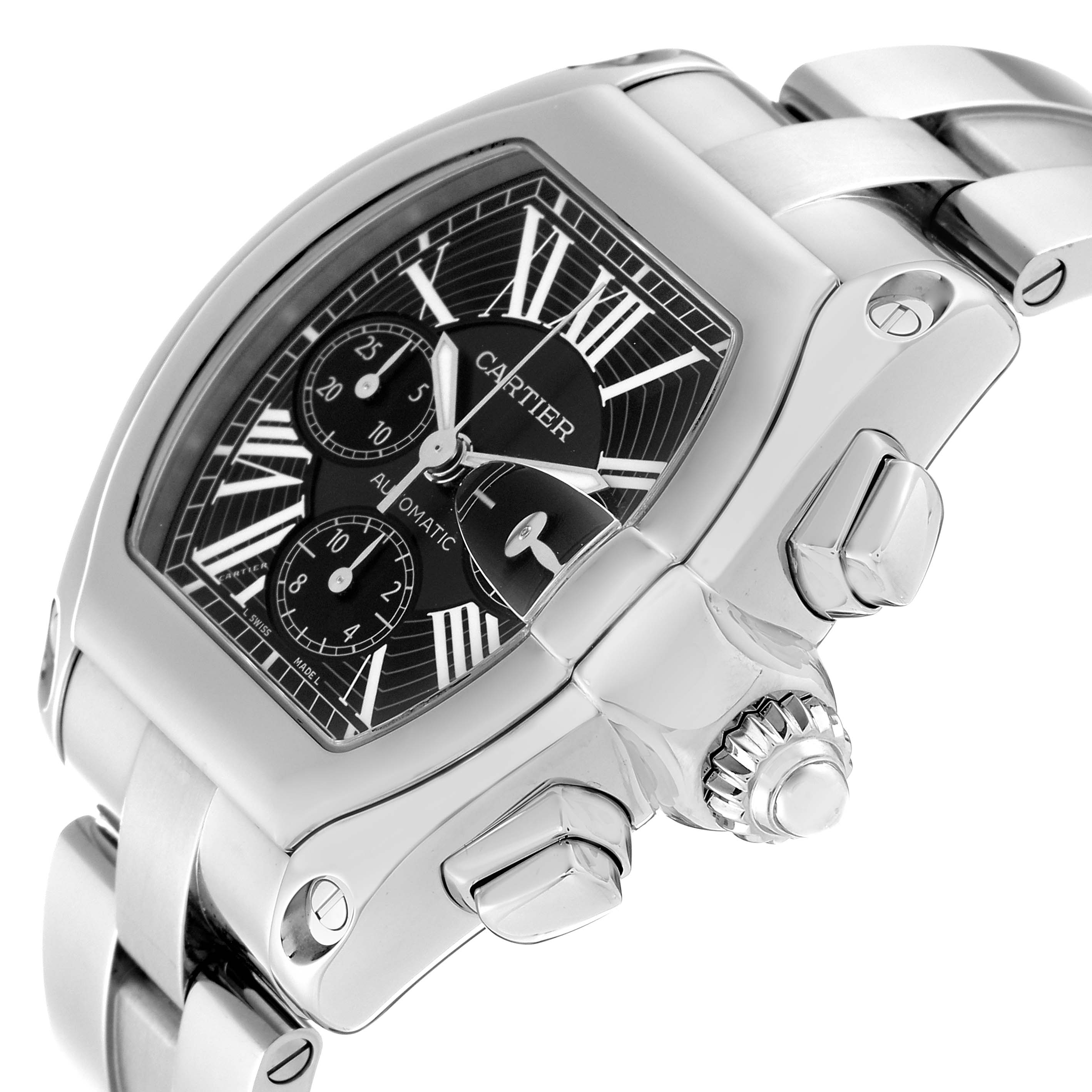 The Cartier Roadster W62020X6 Men's Stainless Steel Black Dial W62020X6 Men's Stainless Steel Black Dial watch is shown at an angle displaying the dial, crown, pushers, and part of the bracelet.