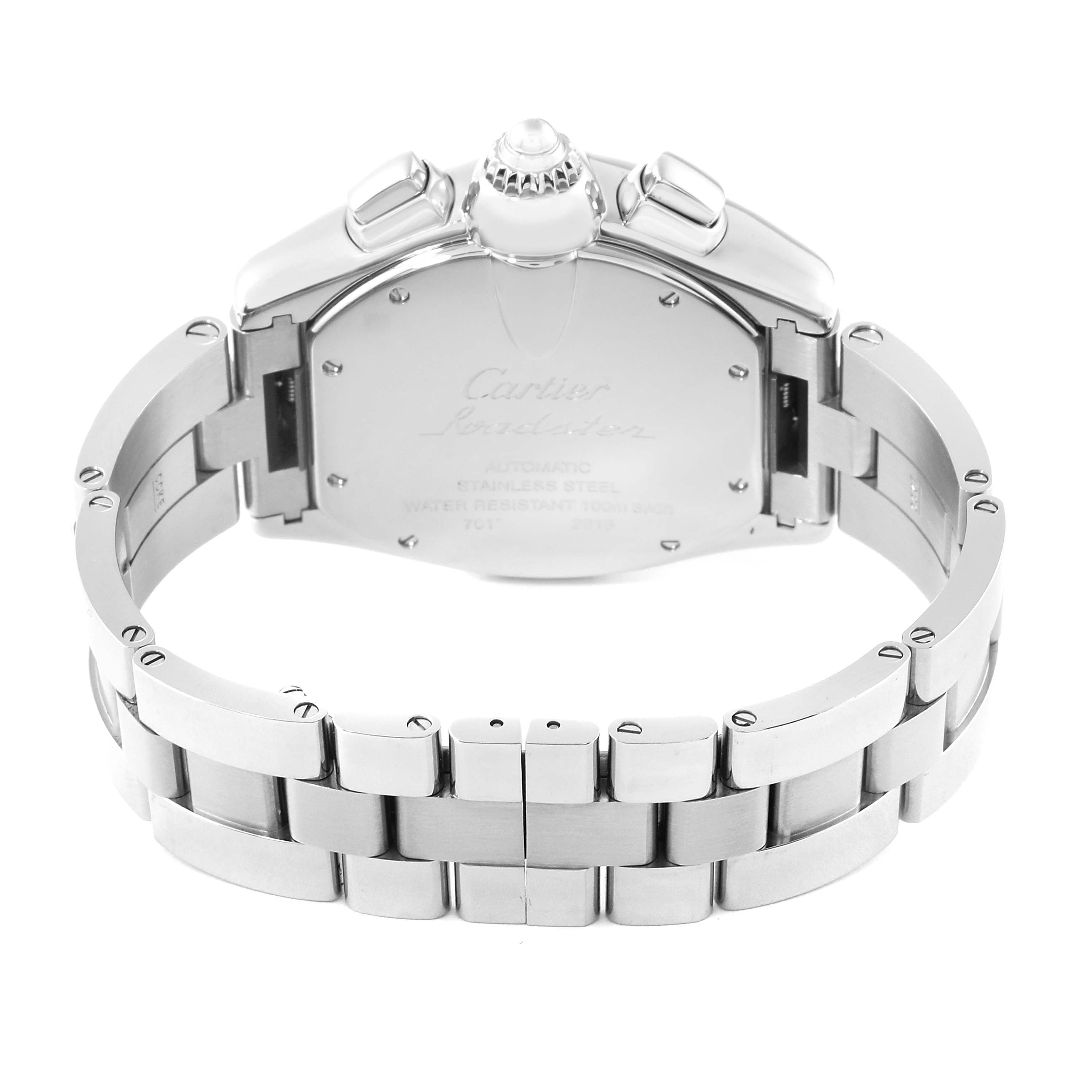 This image shows the back case and bracelet of a Cartier Roadster W62020X6 Men's Stainless Steel Black Dial W62020X6 Men's Stainless Steel Black Dial watch from a rear angle.