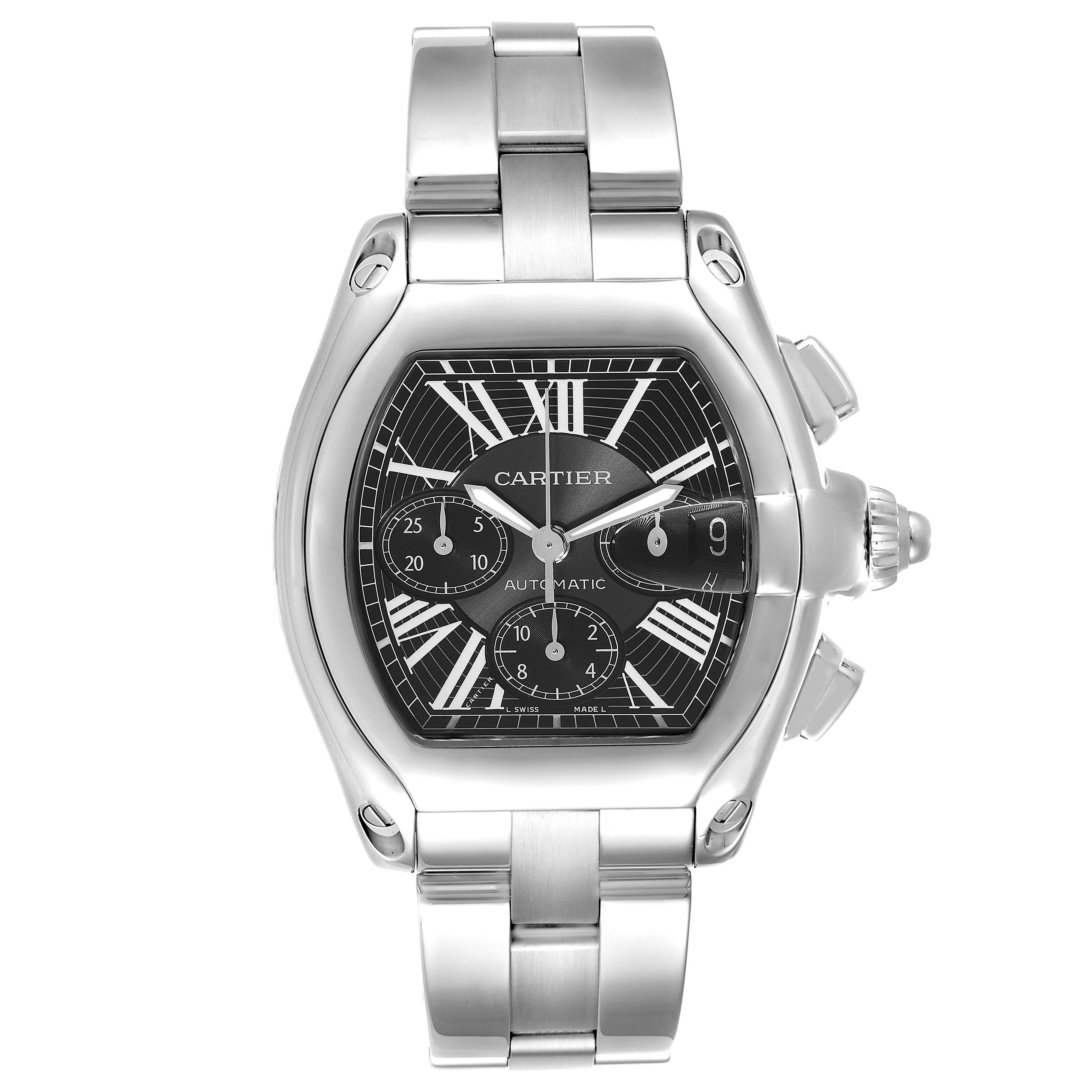 The image shows a frontal view of the Cartier Roadster W62020X6 Men's Stainless Steel Black Dial W62020X6 Men's Stainless Steel Black Dial watch, showcasing its dial, bracelet, and crown details.