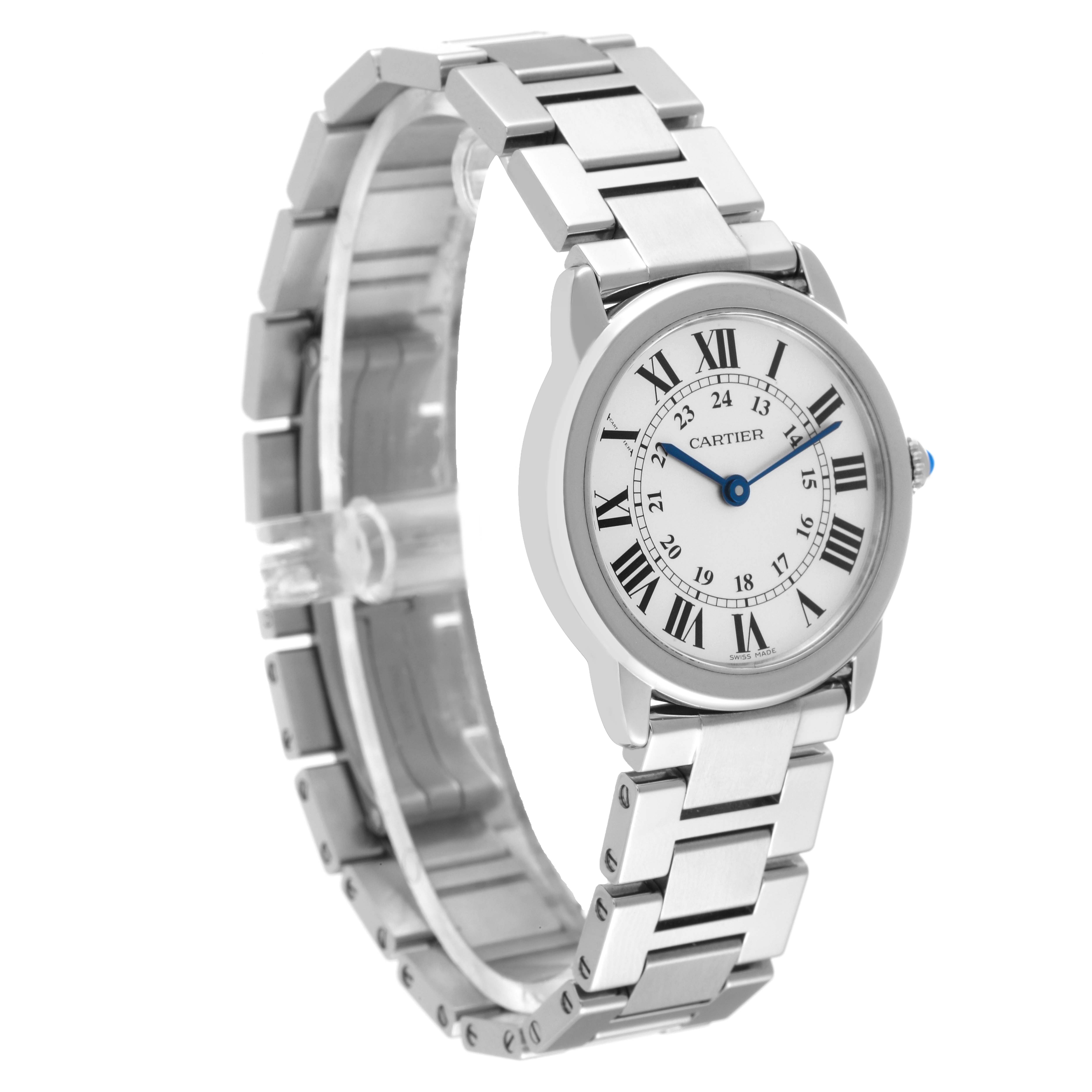 The image shows a Cartier Tank Solo W6701004 Women's Stainless Steel Silver Dial W6701004 Women's Stainless Steel Silver Dial watch viewed at an angle, highlighting its round dial and metal bracelet.