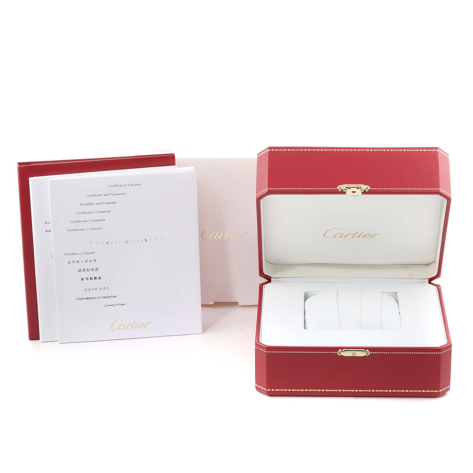 The image shows packaging and certification for a Cartier Tank Solo W6701004 Women's Stainless Steel Silver Dial W6701004 Women's Stainless Steel Silver Dial watch, including a red box and documents.