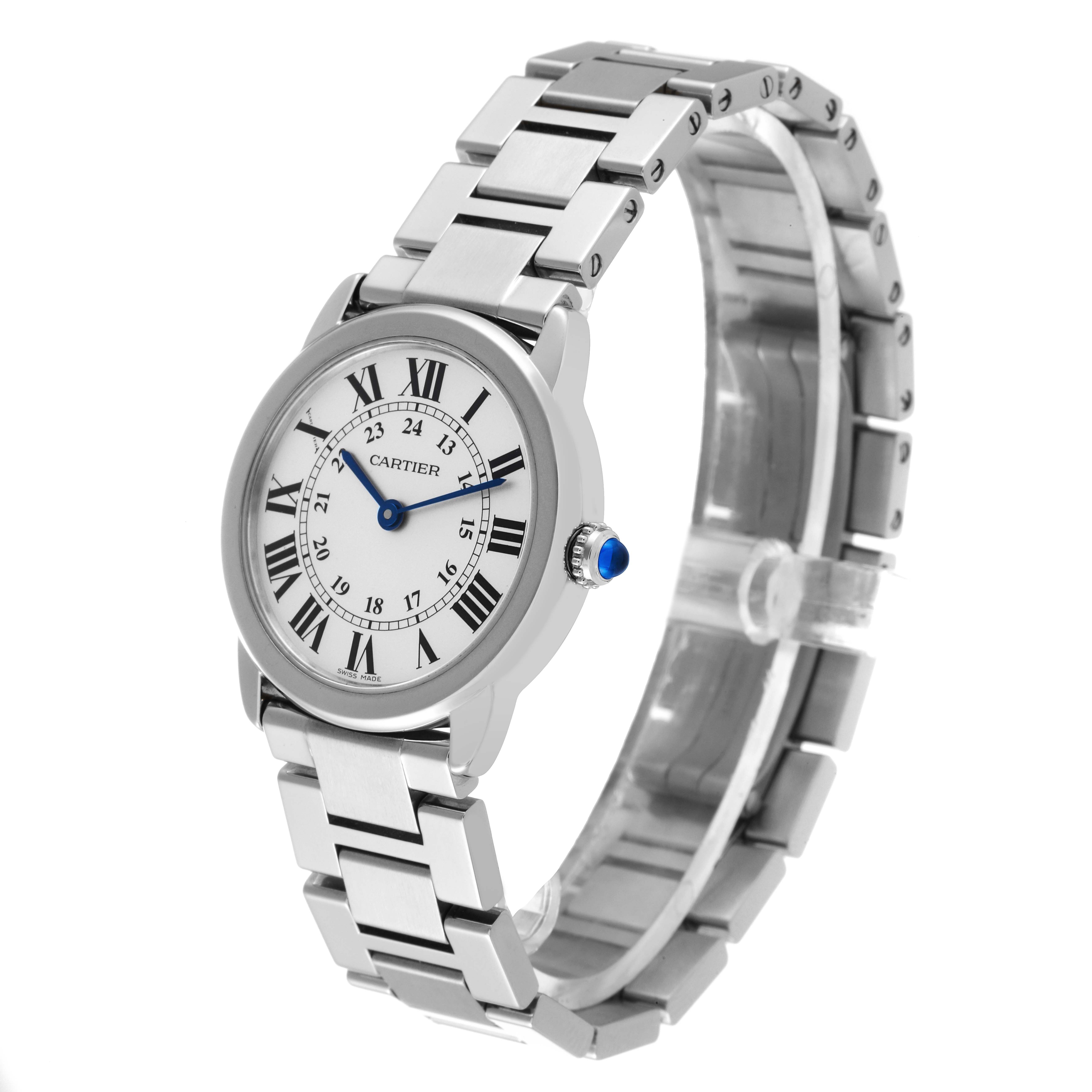 The Cartier Tank Solo W6701004 Women's Stainless Steel Silver Dial W6701004 Women's Stainless Steel Silver Dial watch is shown at an angled side view displaying its face, bezel, and bracelet.