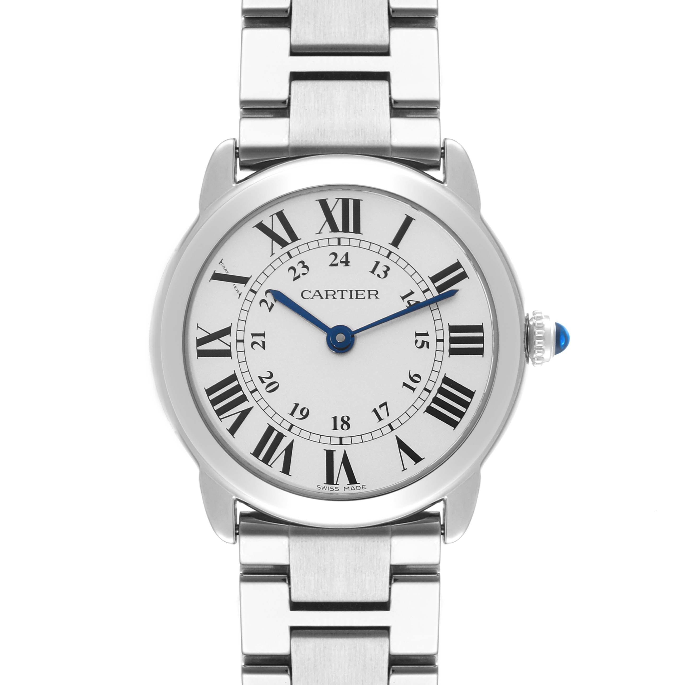 The image shows a Cartier Tank Solo W6701004 Women's Stainless Steel Silver Dial W6701004 Women's Stainless Steel Silver Dial watch from a front angle, displaying its face, bezel, and part of the metal bracelet.