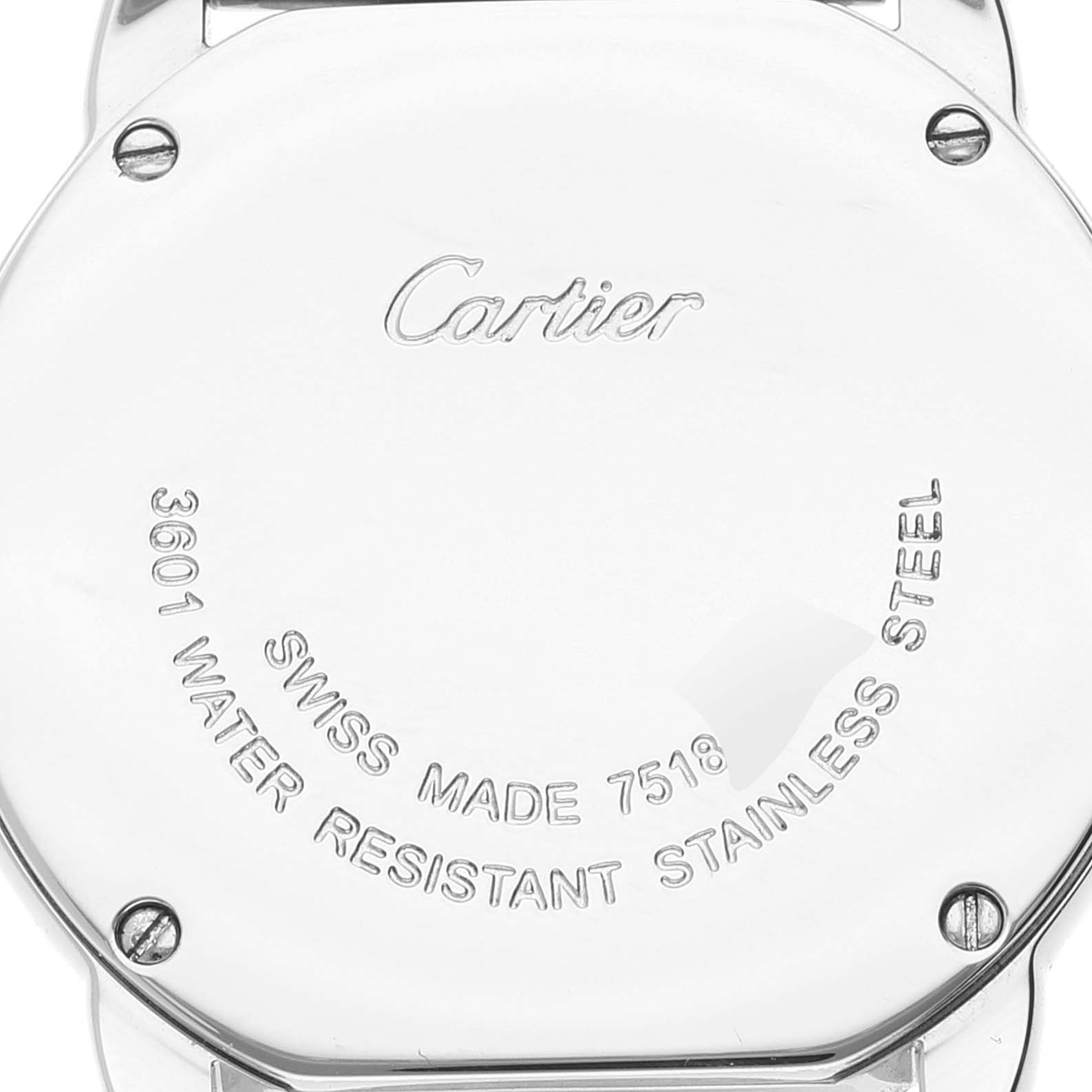 This image shows the back case of the Cartier Tank Solo W6701004 Women's Stainless Steel Silver Dial W6701004 Women's Stainless Steel Silver Dial watch, displaying the brand and model information.