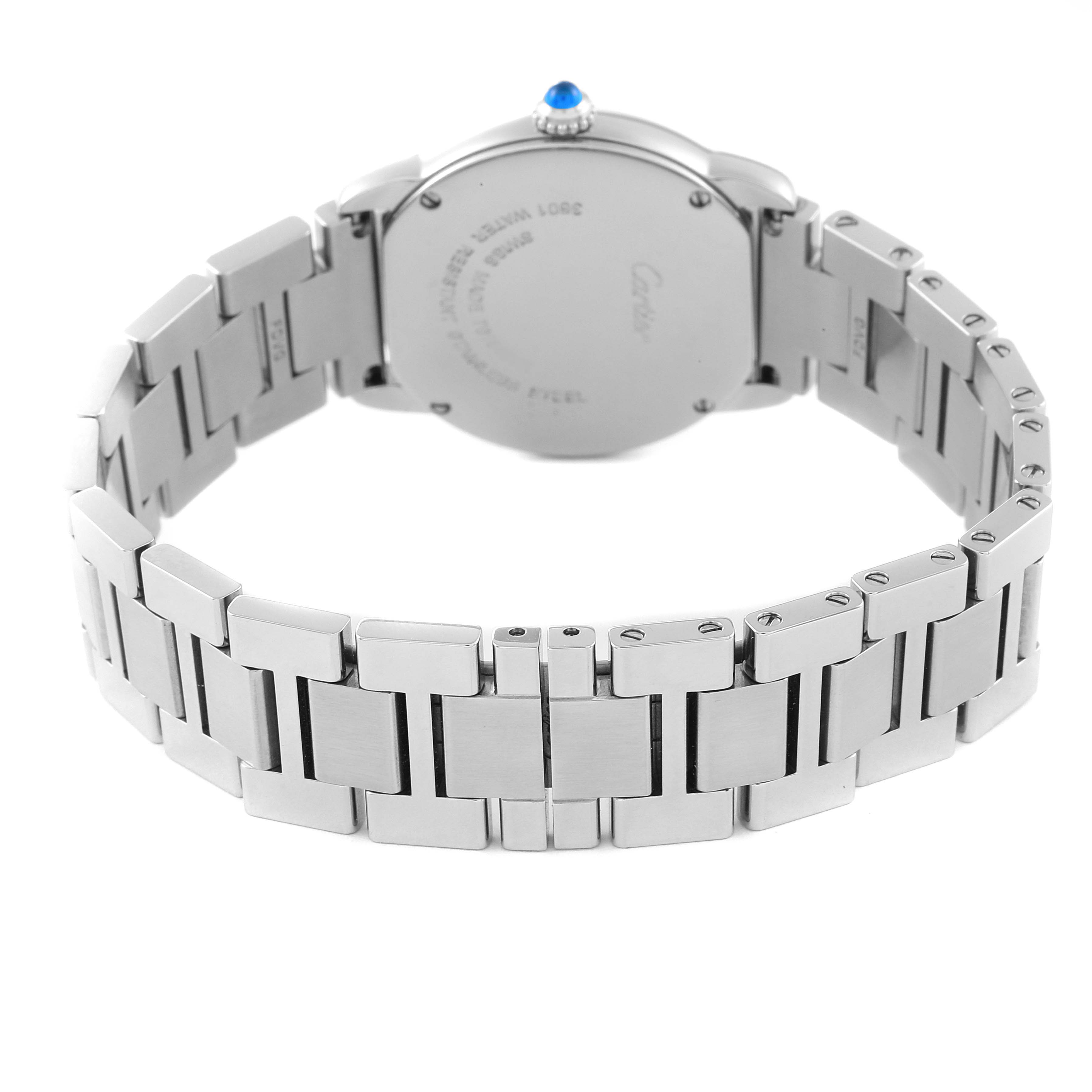 The image shows the back view of the Cartier Tank Solo W6701004 Women's Stainless Steel Silver Dial W6701004 Women's Stainless Steel Silver Dial watch, focusing on the case back and metal bracelet.