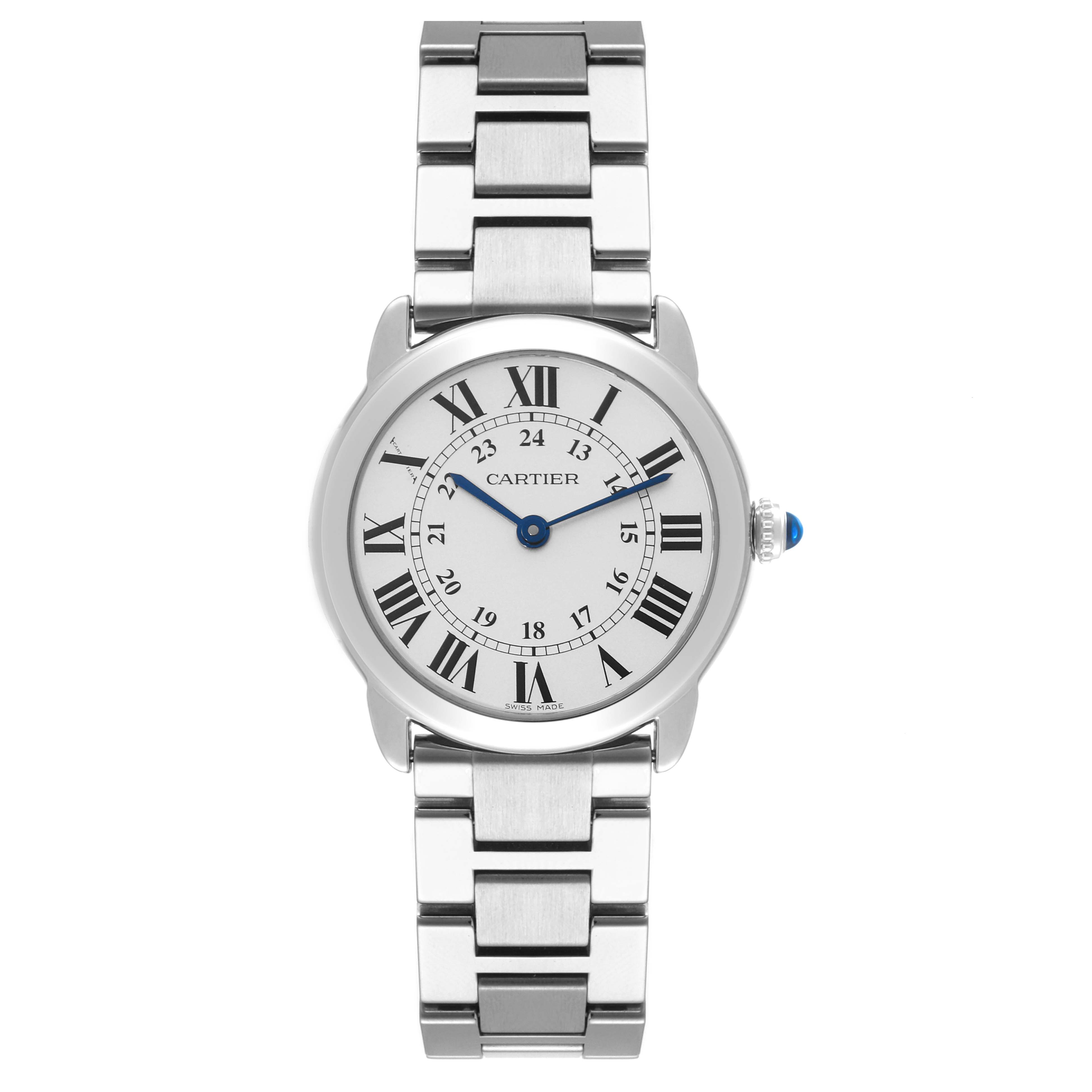 This image shows a front view of the Cartier Tank Solo W6701004 Women's Stainless Steel Silver Dial W6701004 Women's Stainless Steel Silver Dial watch, including its dial, hands, and metal bracelet.