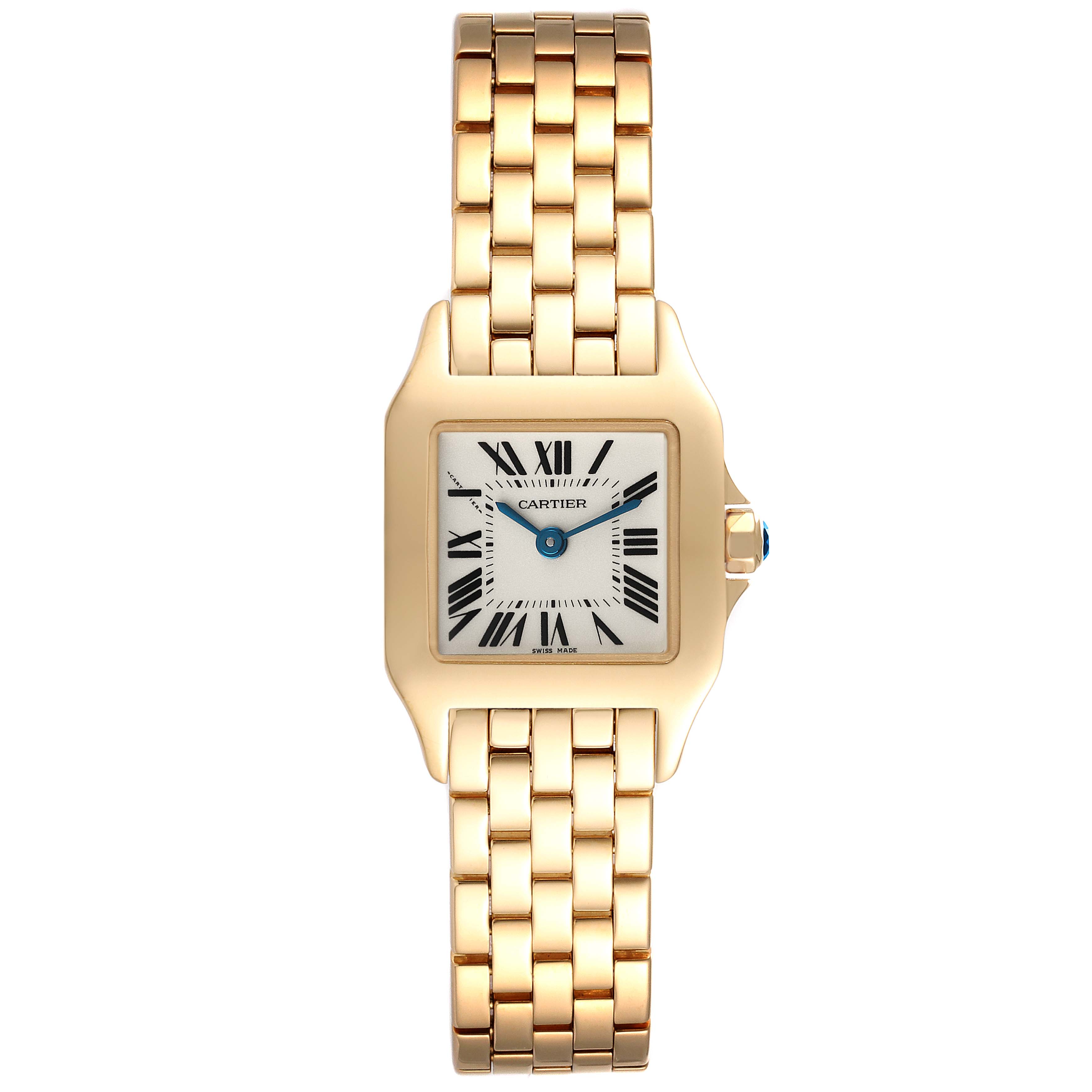 The image shows a front view of the Cartier Santos Demoiselle W25063X9 Women
s Yellow Gold Silver Dial W25063X9 Women
s Yellow Gold Silver Dial watch, highlighting its gold bracelet, square face, Roman numerals, and blue hands.