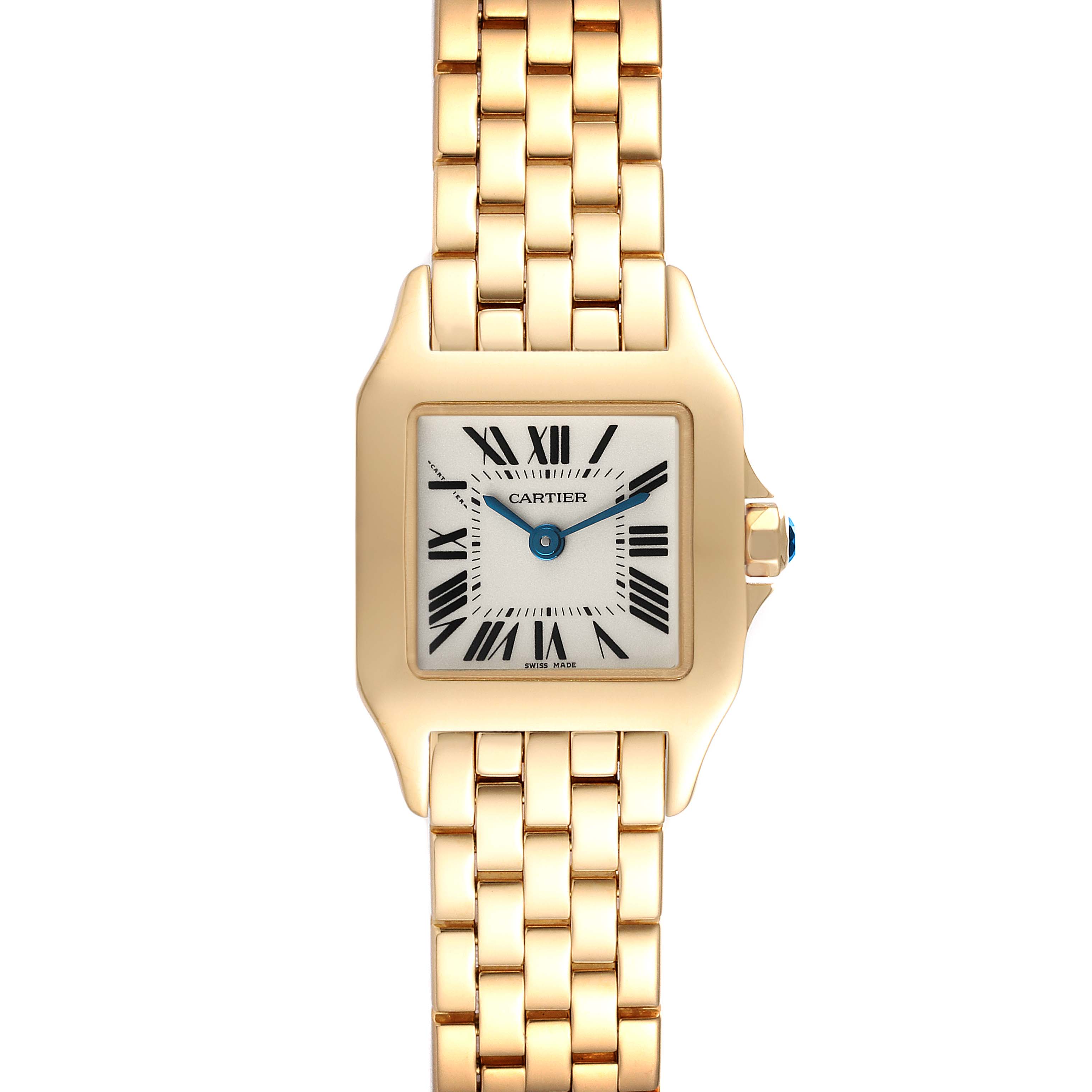 This image shows a front view of the Cartier Santos Demoiselle W25063X9 Women
s Yellow Gold Silver Dial W25063X9 Women
s Yellow Gold Silver Dial watch, featuring its gold case, bracelet, and white dial with Roman numerals.
