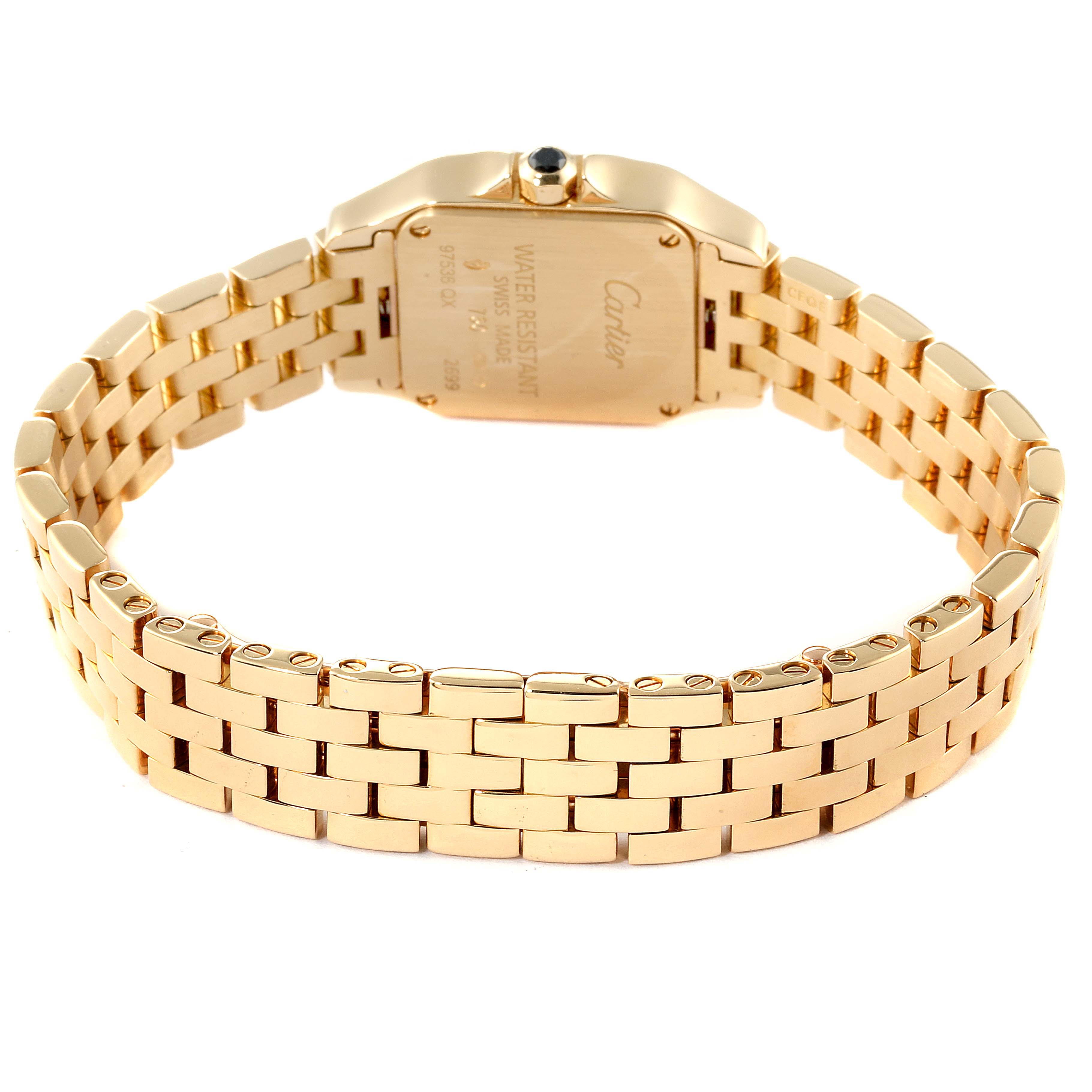 This image shows the back and bracelet of the Cartier Santos Demoiselle W25063X9 Women
s Yellow Gold Silver Dial W25063X9 Women
s Yellow Gold Silver Dial watch.