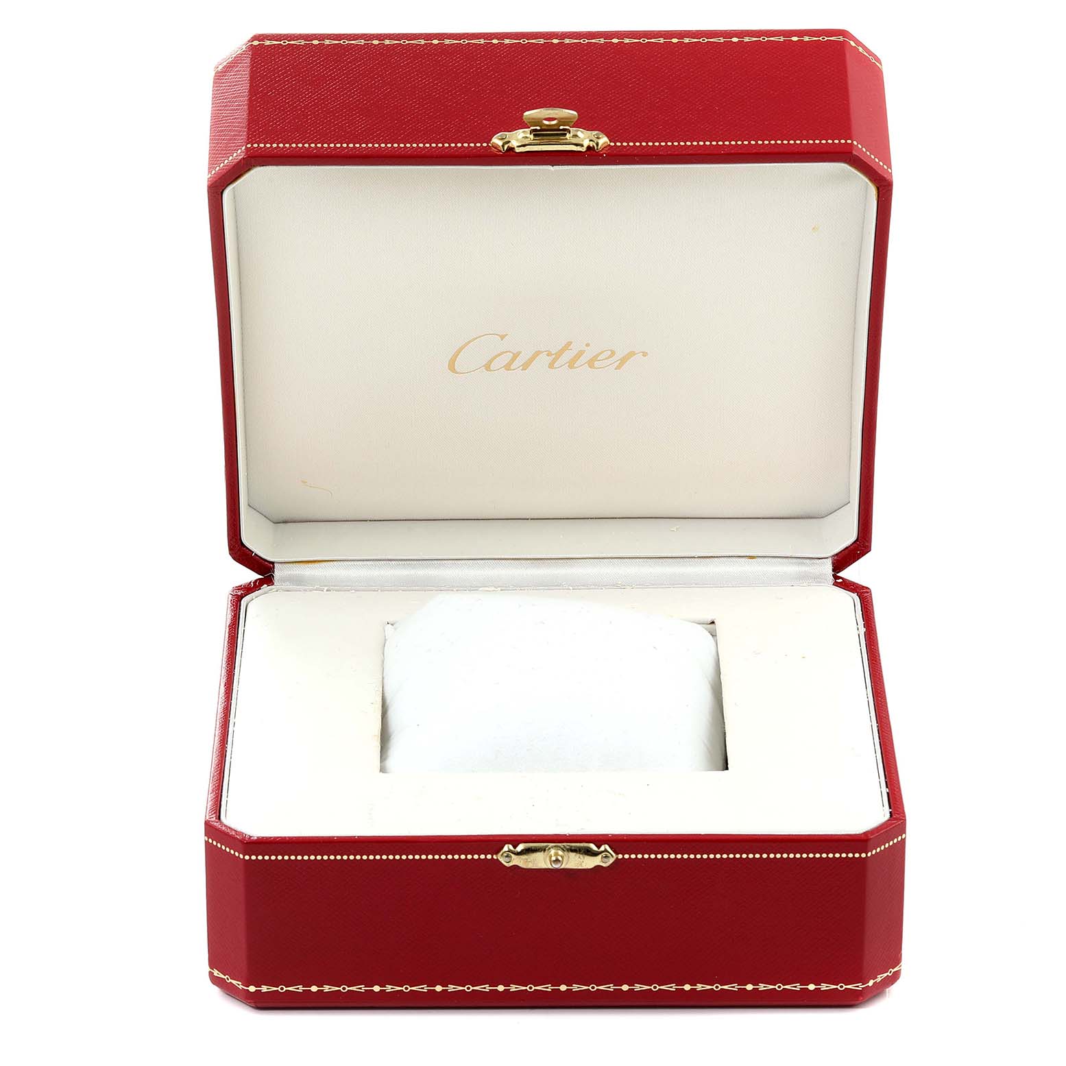 The image shows an open red box with "Cartier" branding, likely for a Santos Demoiselle watch by Cartier.