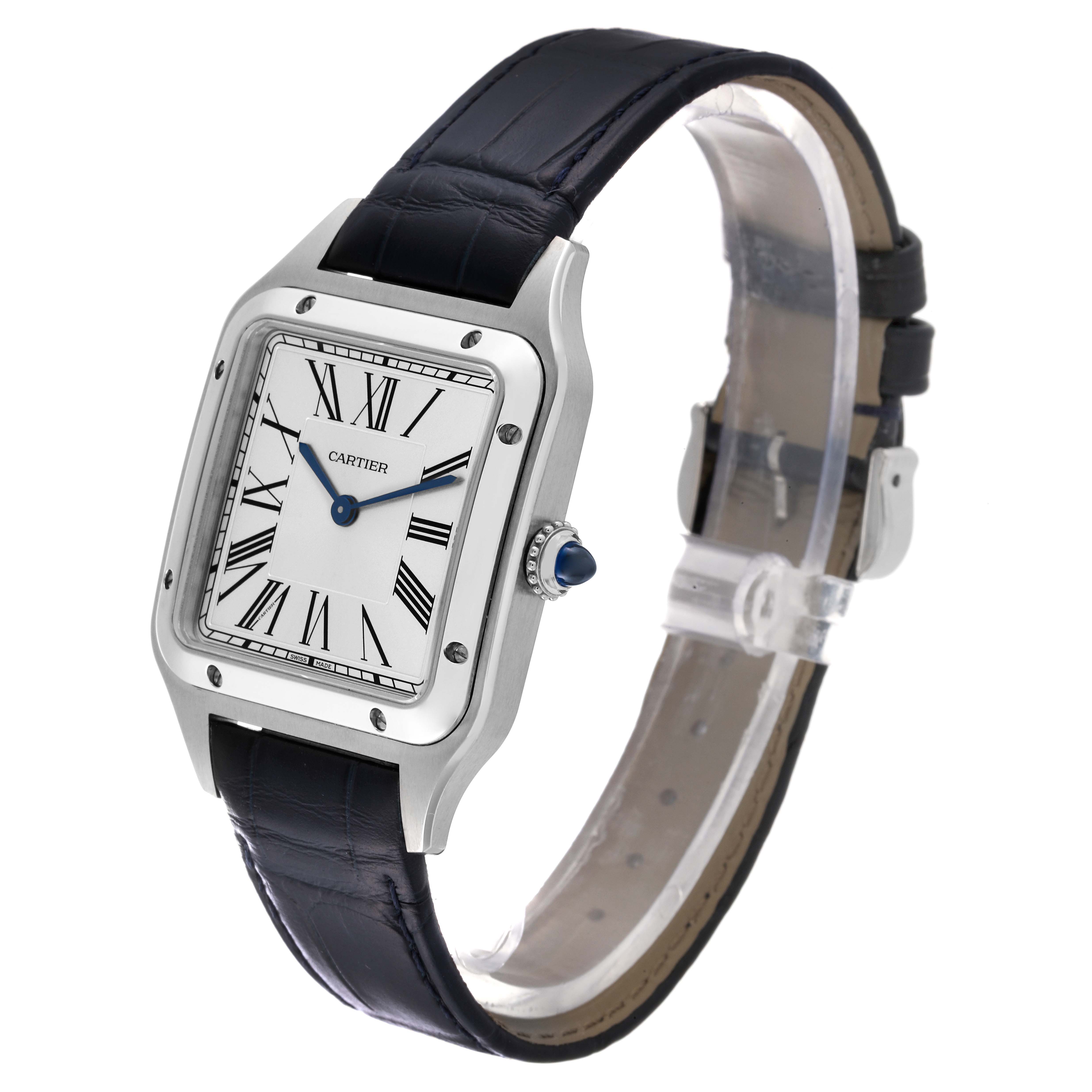 The image shows a Santos Dumont model by Cartier from a three-quarter angle, displaying the watch face, crown, and leather strap.
