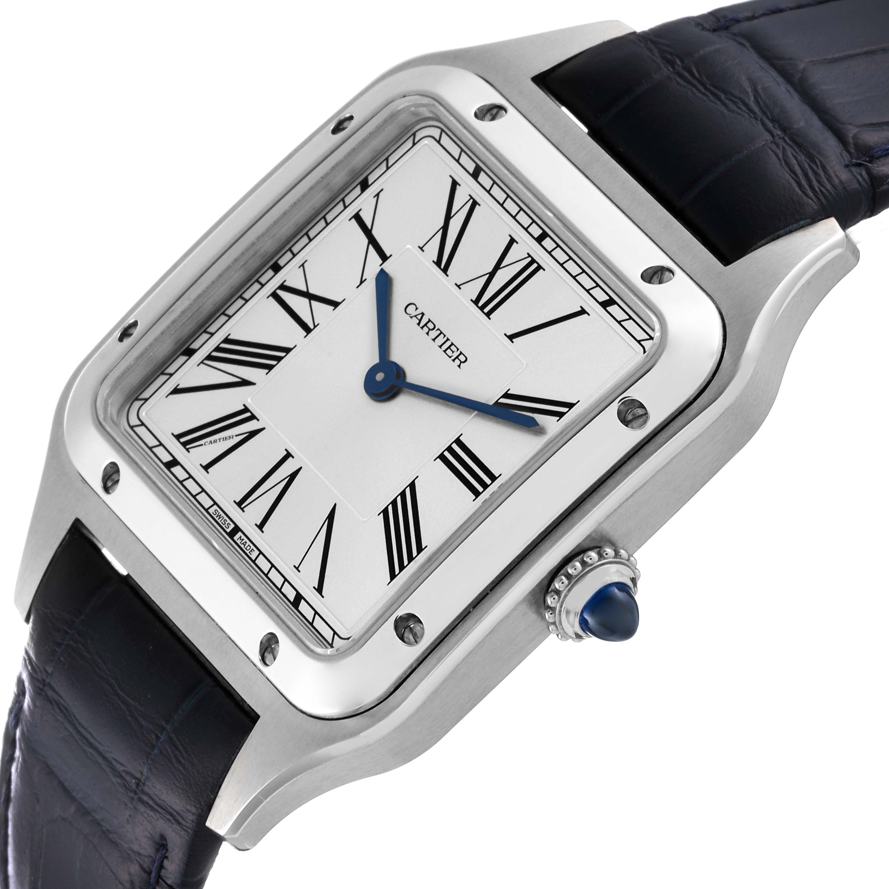 This image shows the face and side profile of the Cartier Santos Dumont WSSA0022 Men's Stainless Steel Silver Dial WSSA0022 Men's Stainless Steel Silver Dial watch, highlighting its bezel, crown, and strap.