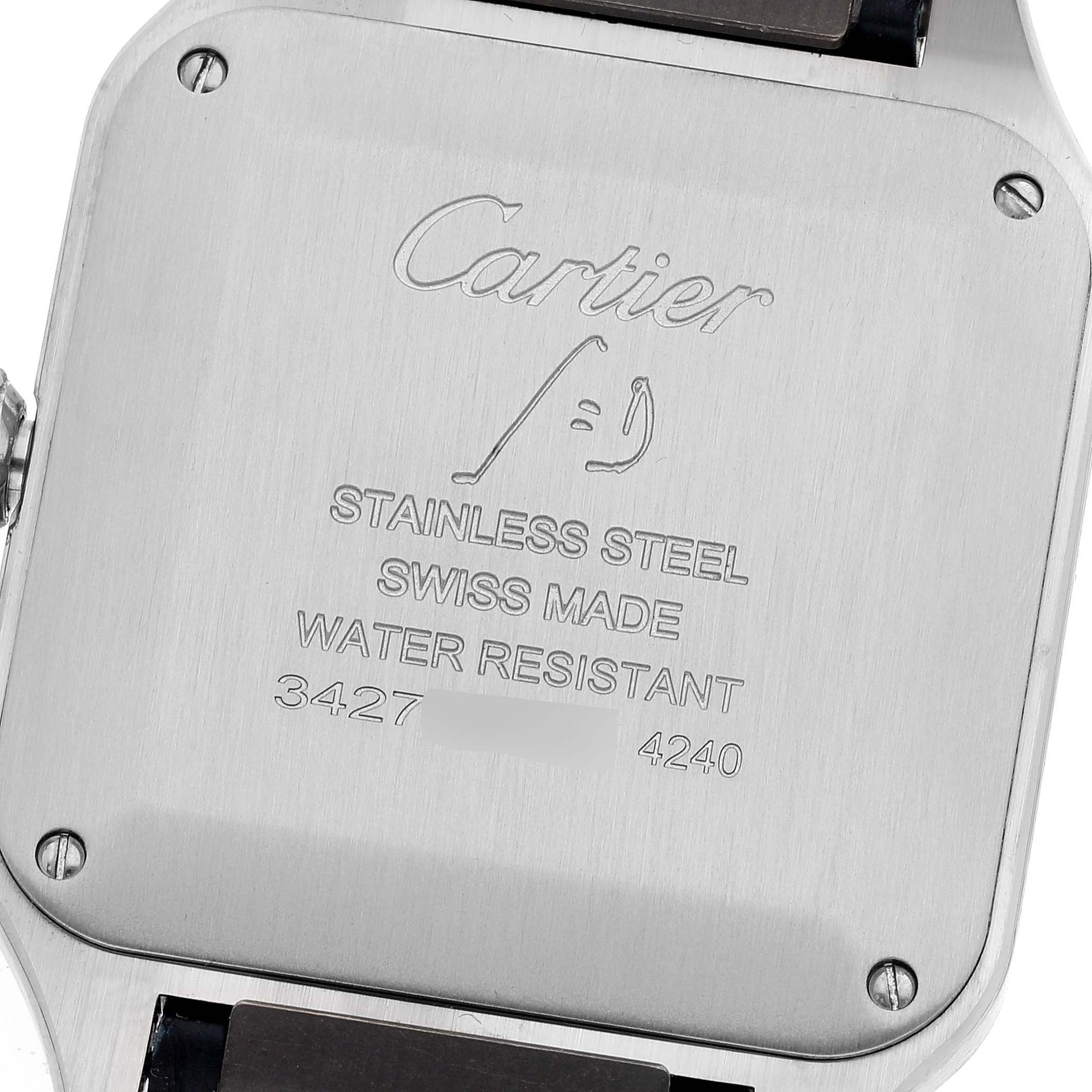 The image shows the back case of a Cartier Santos Dumont WSSA0022 Men's Stainless Steel Silver Dial WSSA0022 Men's Stainless Steel Silver Dial watch, showcasing the engravings and material details.