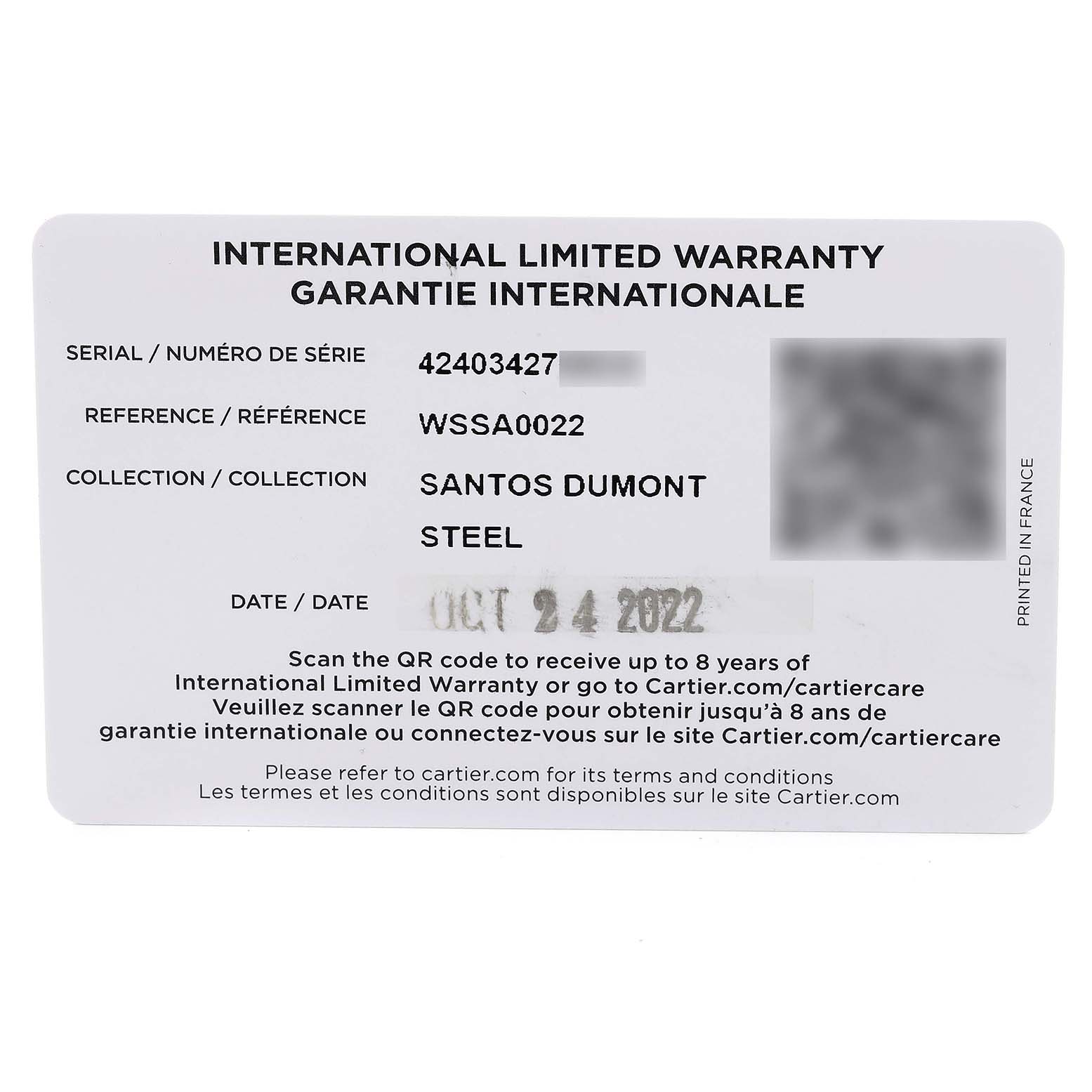 The image shows the warranty card for a Santos Dumont model by Cartier, including the serial number, reference, and date of issue.