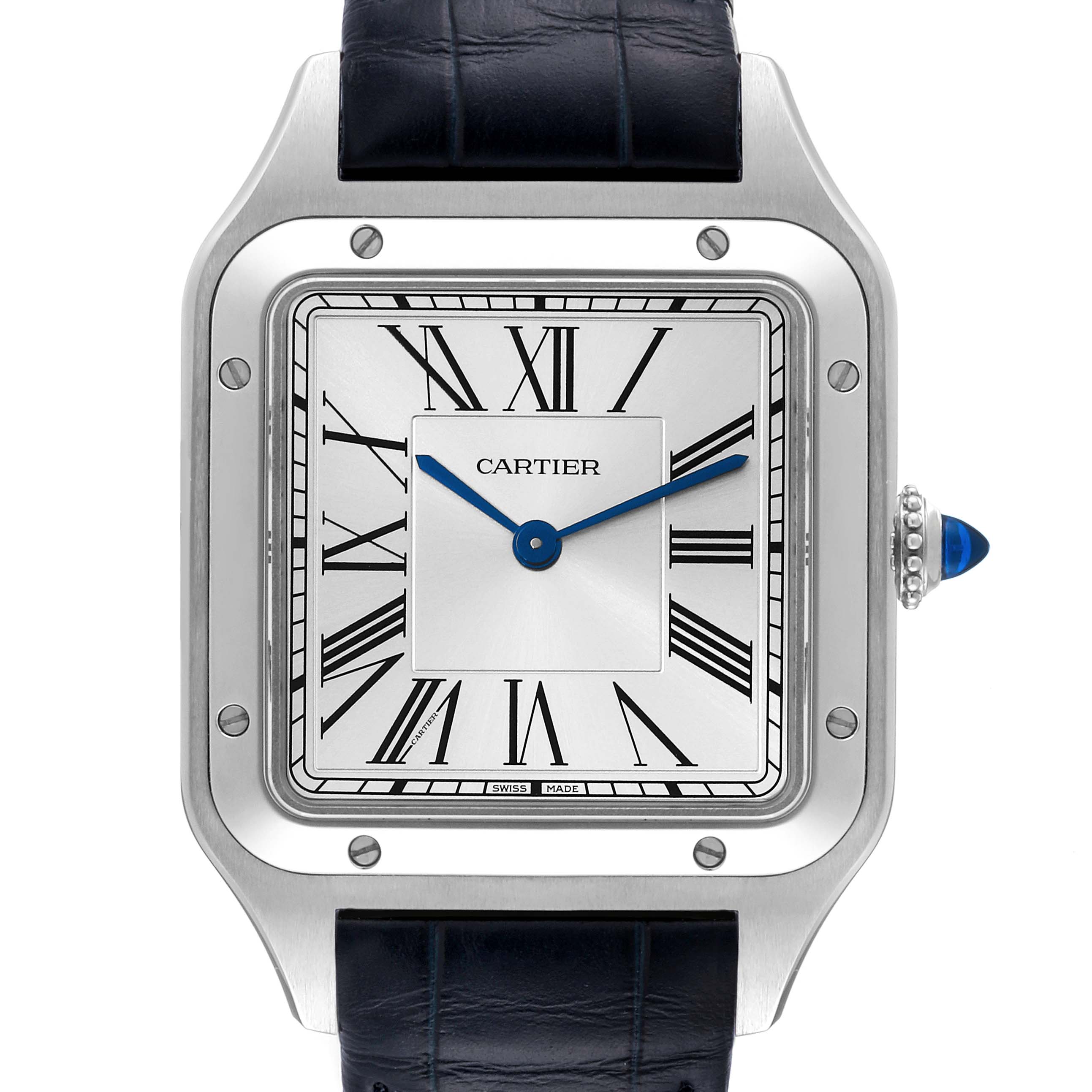 The image shows a close-up, front-facing view of the Cartier Santos Dumont WSSA0022 Men's Stainless Steel Silver Dial WSSA0022 Men's Stainless Steel Silver Dial watch, highlighting the dial and bezel.