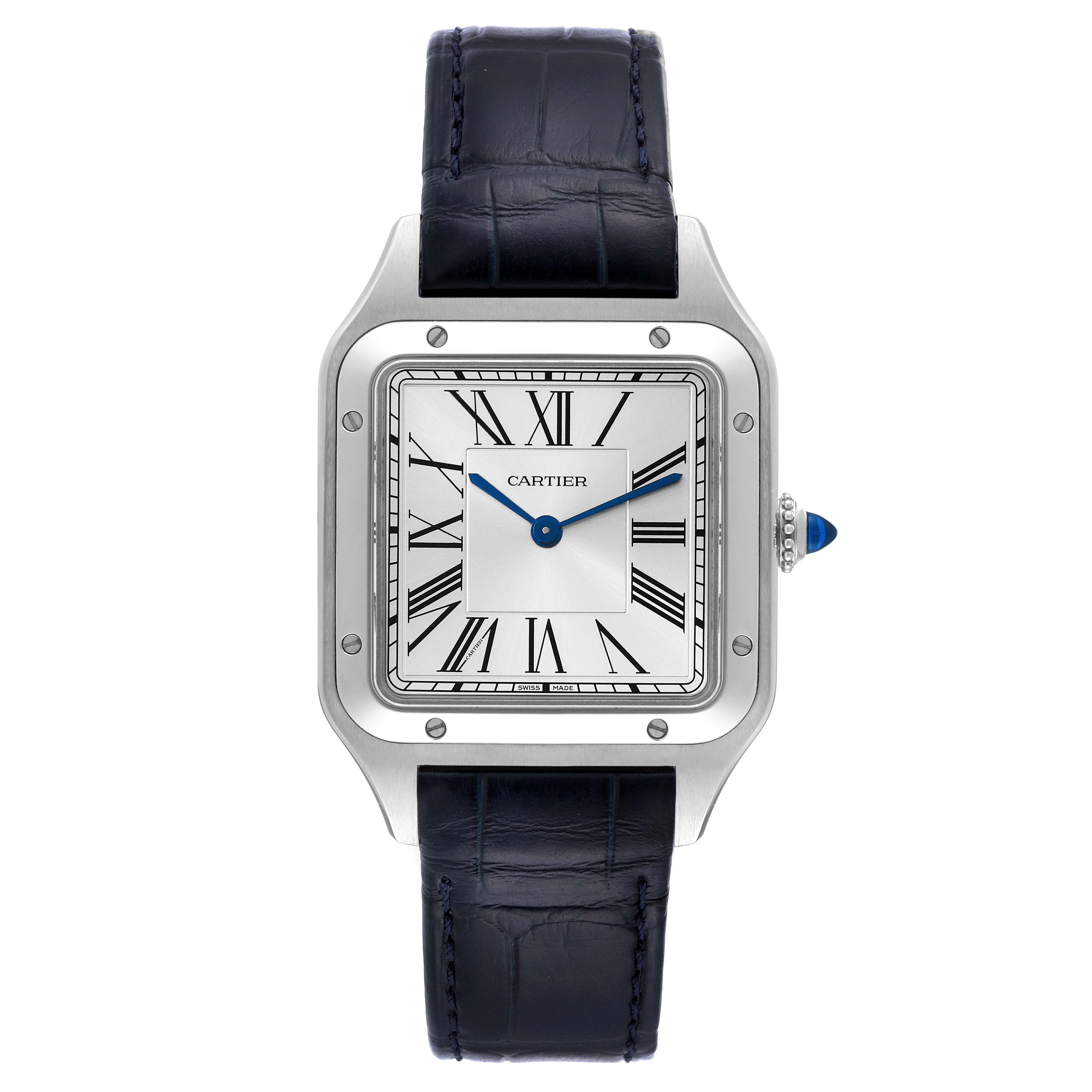 The image shows a front view of the Cartier Santos Dumont WSSA0022 Men's Stainless Steel Silver Dial WSSA0022 Men's Stainless Steel Silver Dial watch, including its face, case, and strap.