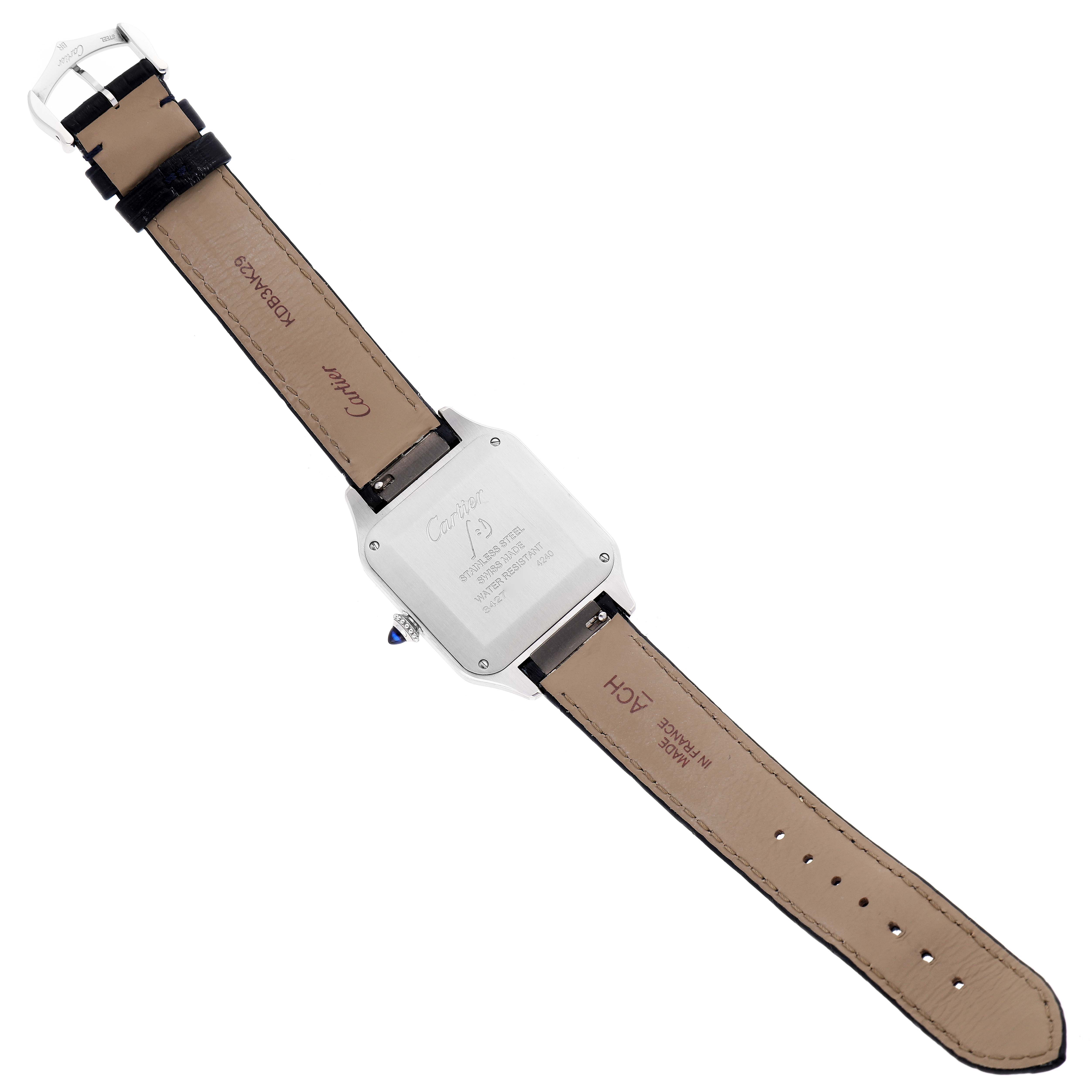 The image shows the back view of a Cartier Santos Dumont WSSA0022 Men's Stainless Steel Silver Dial WSSA0022 Men's Stainless Steel Silver Dial watch, highlighting the case back and leather straps.