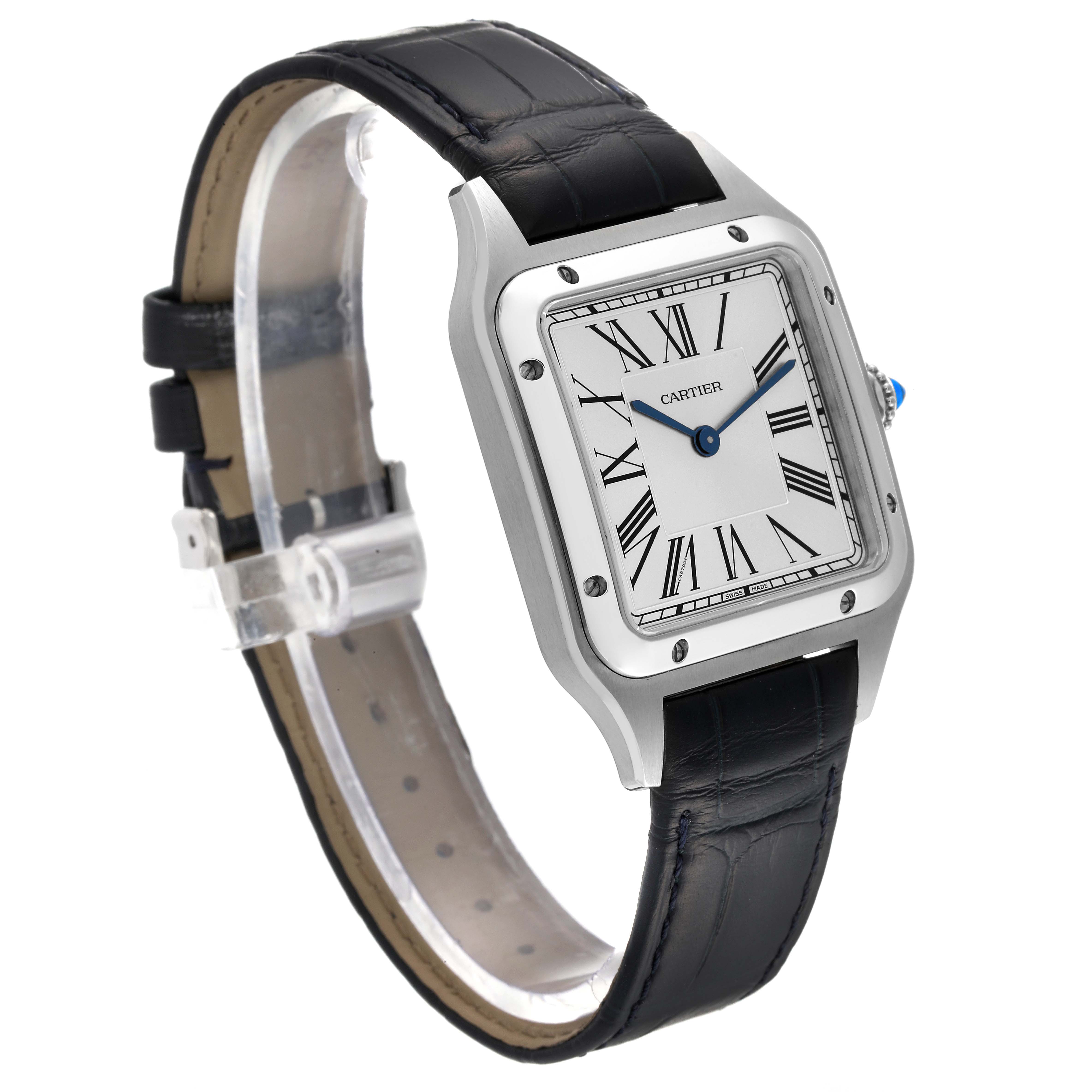 The image shows a Cartier Santos Dumont WSSA0022 Men's Stainless Steel Silver Dial WSSA0022 Men's Stainless Steel Silver Dial watch angled slightly from the side, displaying its face, bezel, and black leather strap.