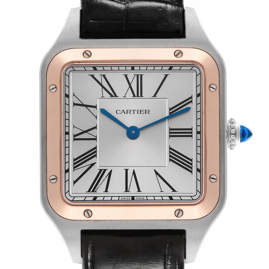 The Cartier Santos Dumont watch is shown from the front, highlighting its square dial, Roman numerals, and blue hands.