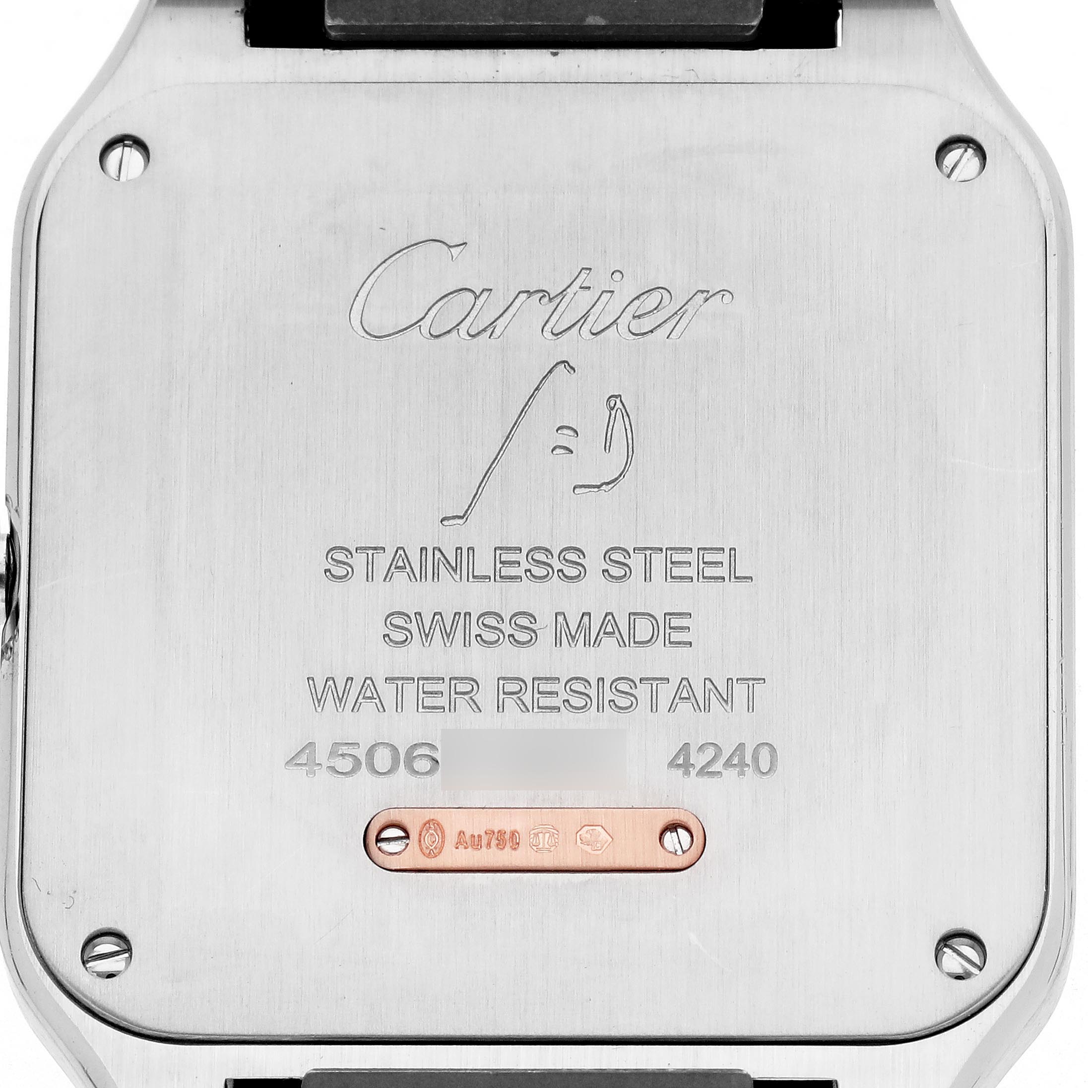 The image shows the case back of a Cartier Santos Dumont W2SA0011 Men
s Steel and Gold (two tone) Silver Dial W2SA0011 Men
s Steel and Gold (two tone) Silver Dial watch, featuring engravings and screws.